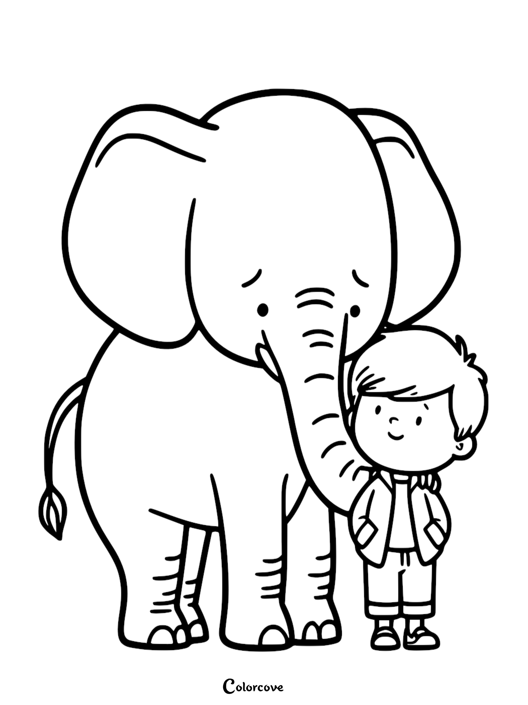 A cute elephant wrapping its trunk around a young boy in this printable coloring page.