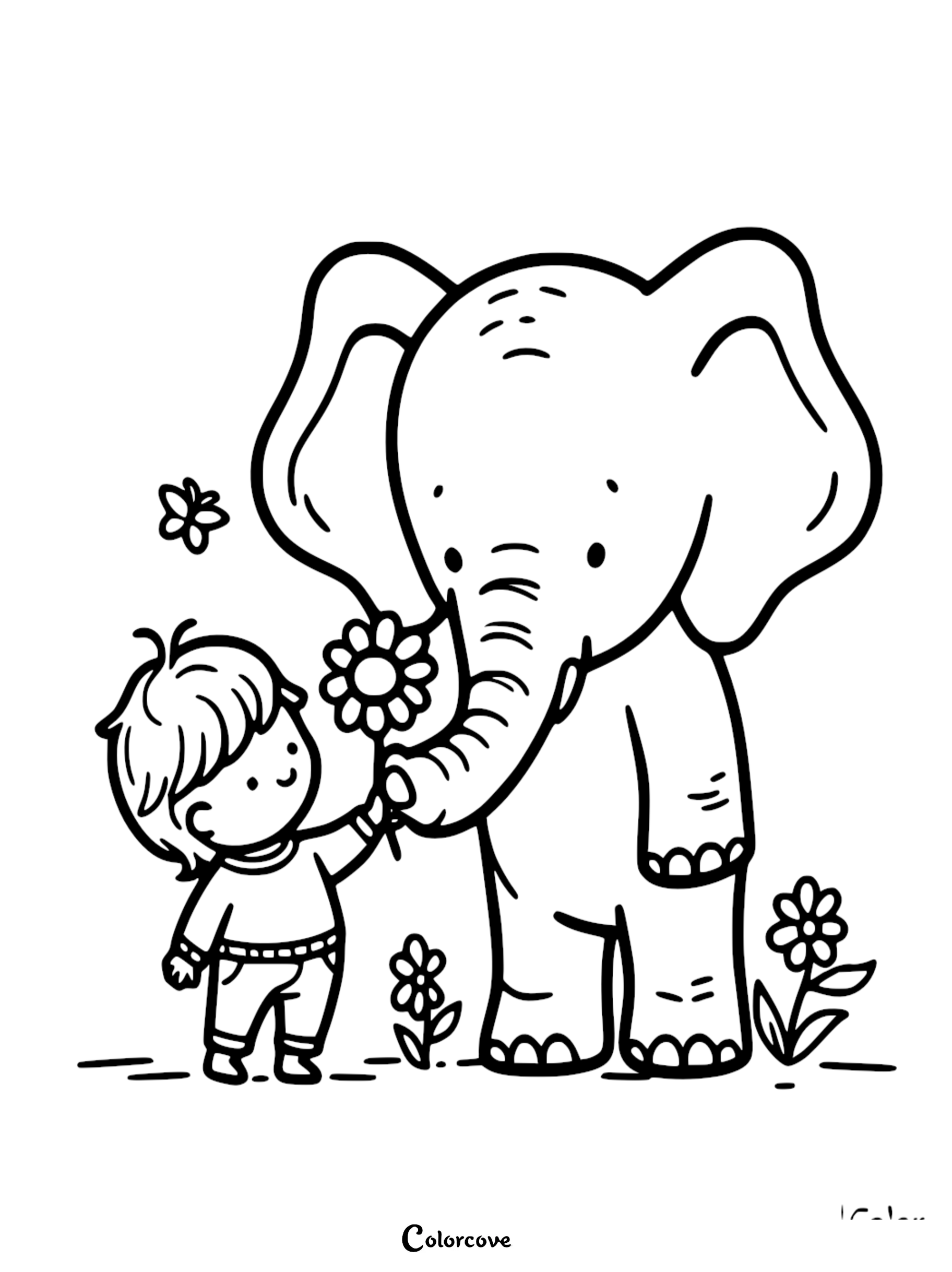 A cute elephant and a small child holding a flower together in a simple line art coloring page style.