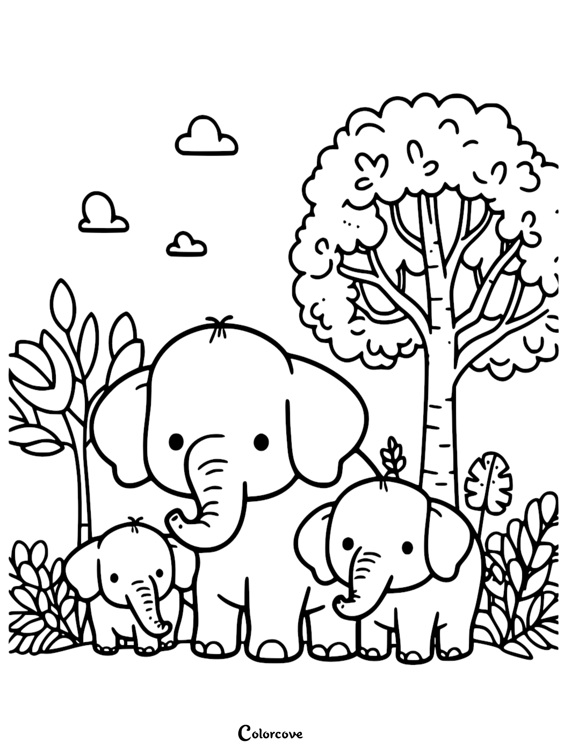 A cute elephant mother standing with two small baby elephants in a forest setting, featuring a large tree and clouds in this printable coloring page.