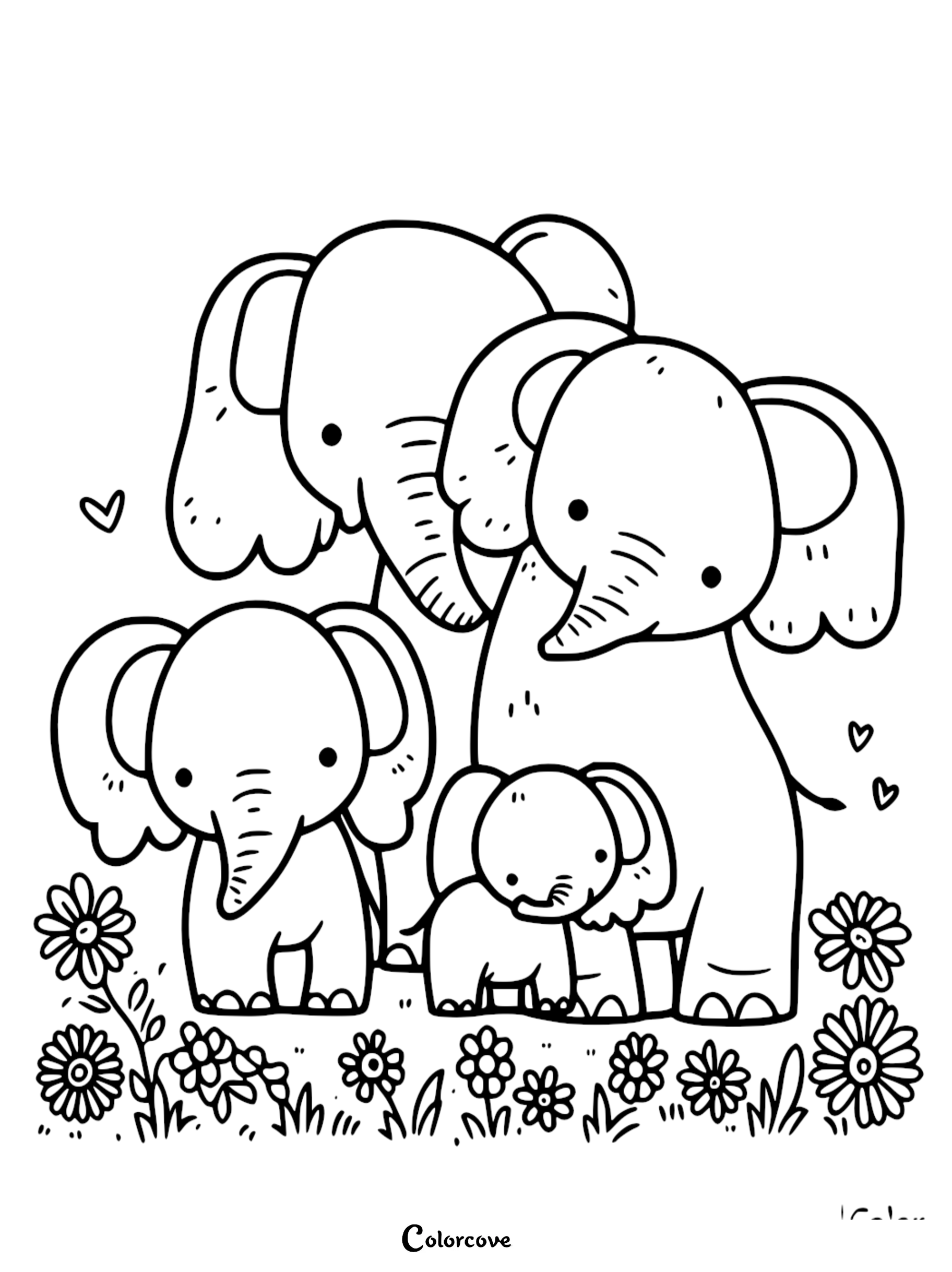 A cute elephant family coloring page featuring two adult elephants and two baby elephants standing in a field of daisies with floating hearts.