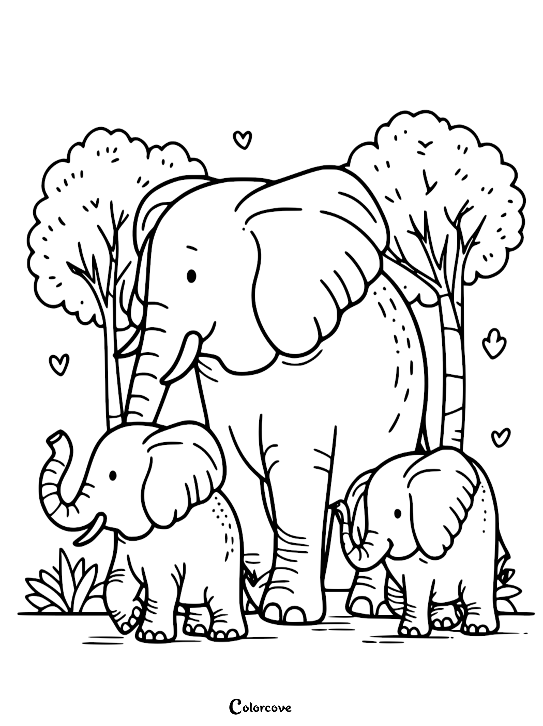 A mother elephant standing with two small calves in a forest setting, featuring heart shapes in this printable coloring page.