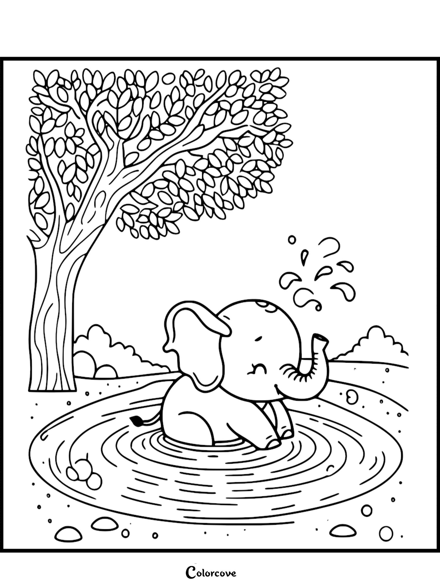 A cute baby elephant sitting in a pond and spraying water with its trunk under a large tree, printable coloring page.