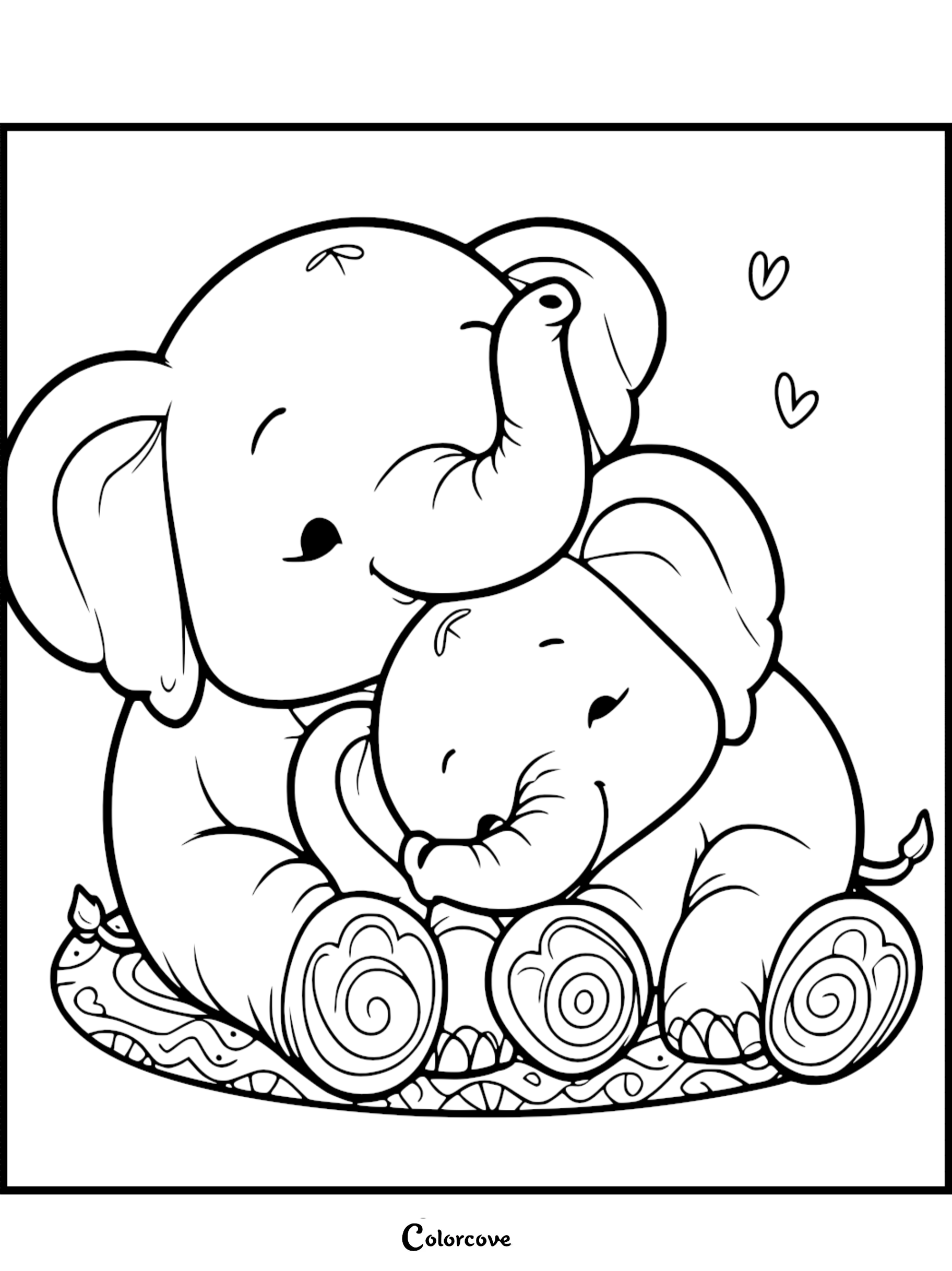 A cute elephant mother cuddling her baby on a patterned rug in this printable coloring page.