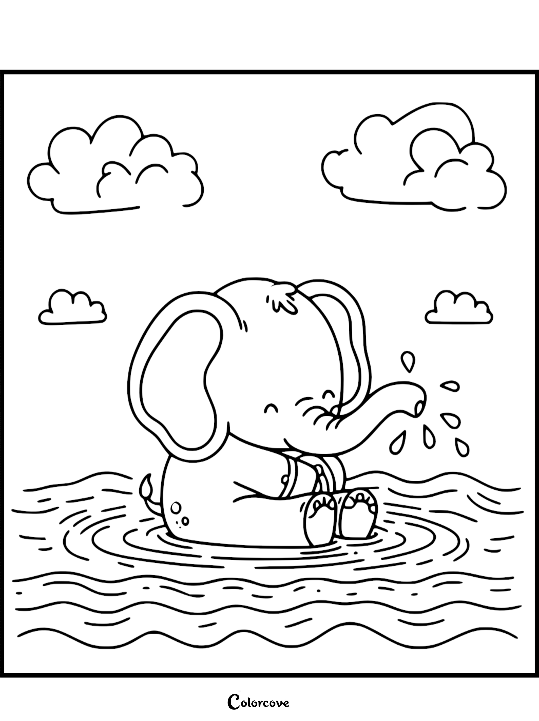 A cute baby elephant sitting in water and spraying droplets from its trunk, coloring page style line art with fluffy clouds in the background.