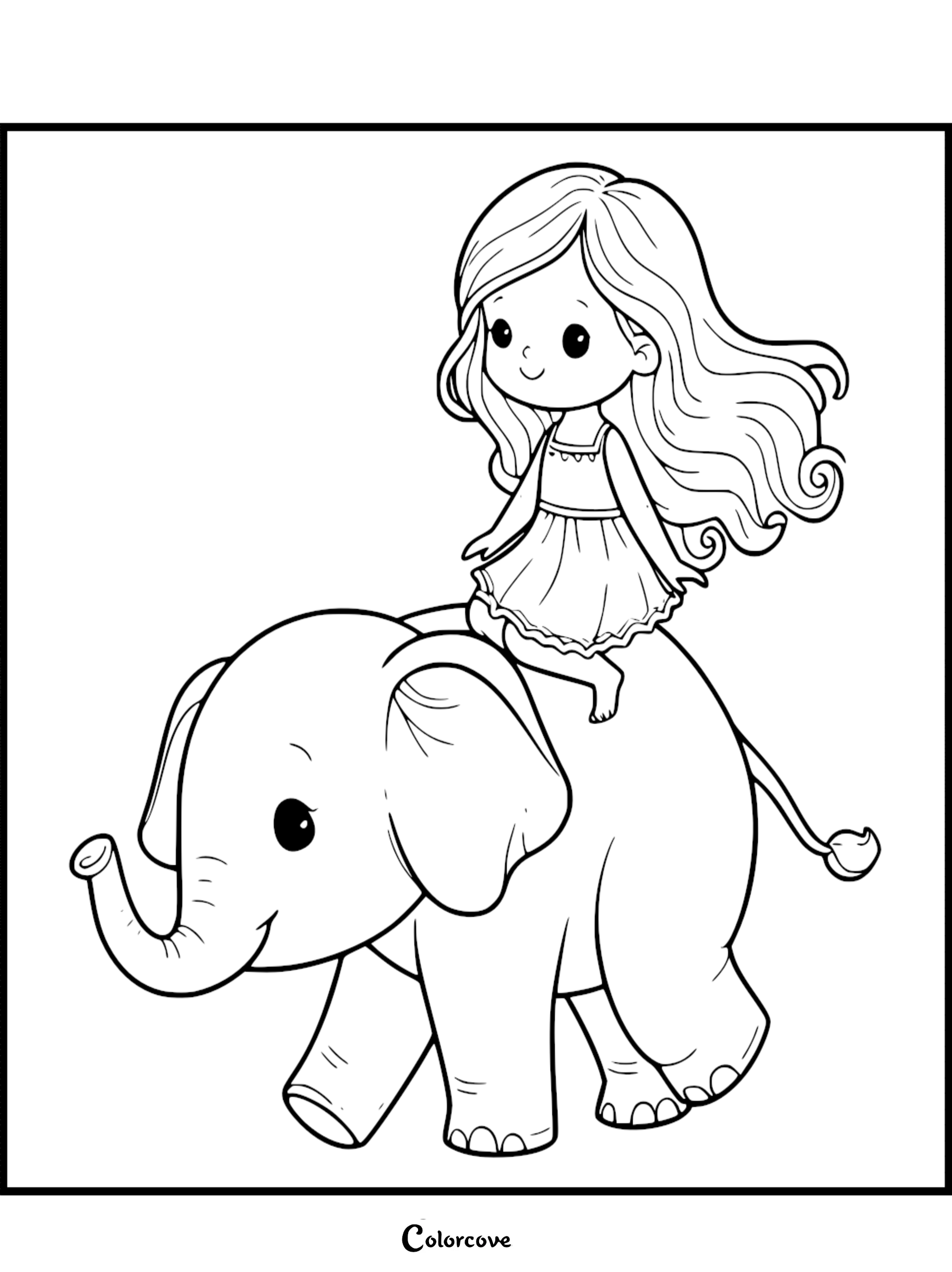 A cute elephant carrying a little girl with long wavy hair on its back in this printable coloring page.