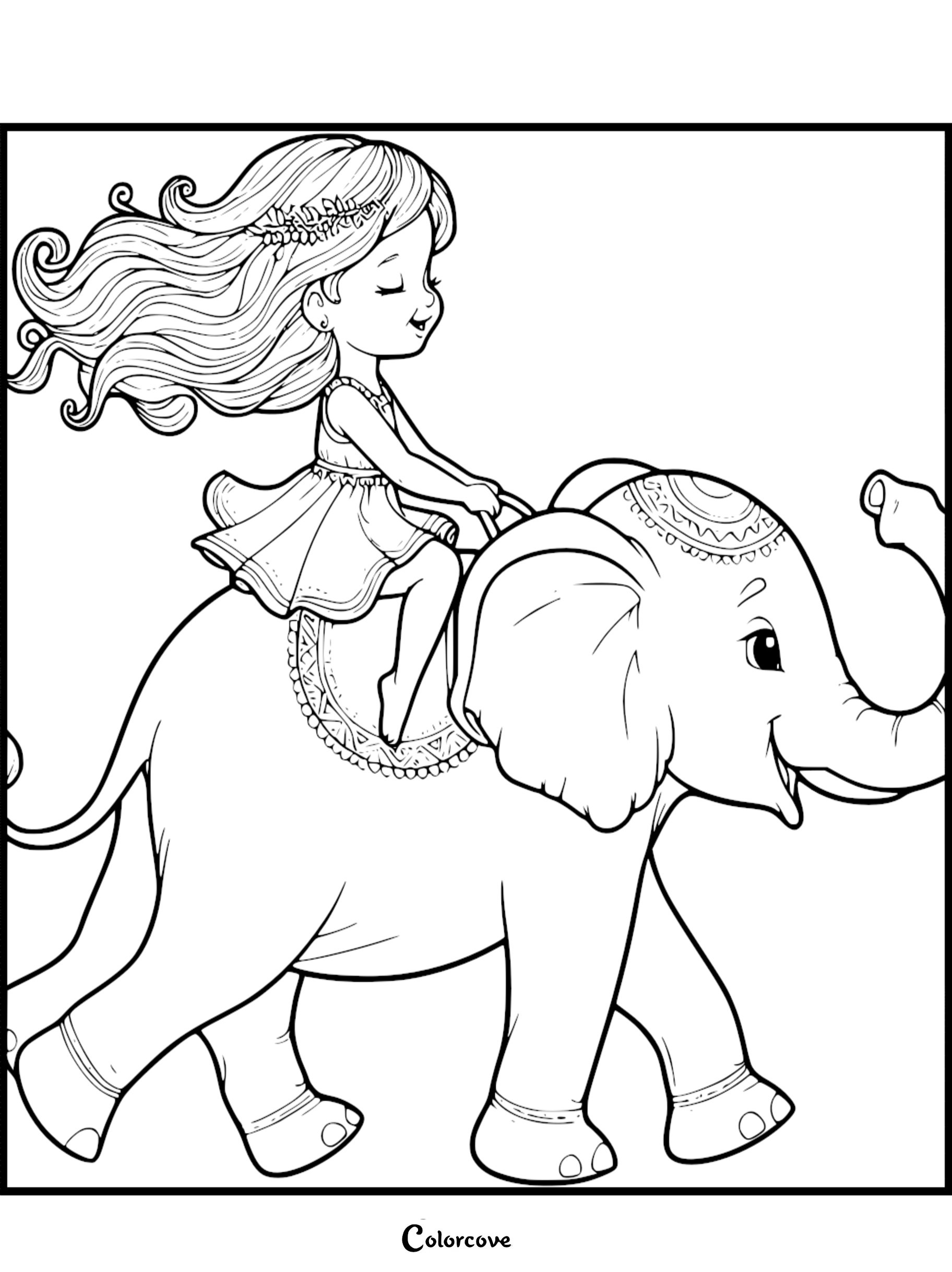 A girl with long flowing hair wearing a floral crown riding on the back of a cute elephant in this printable coloring page.