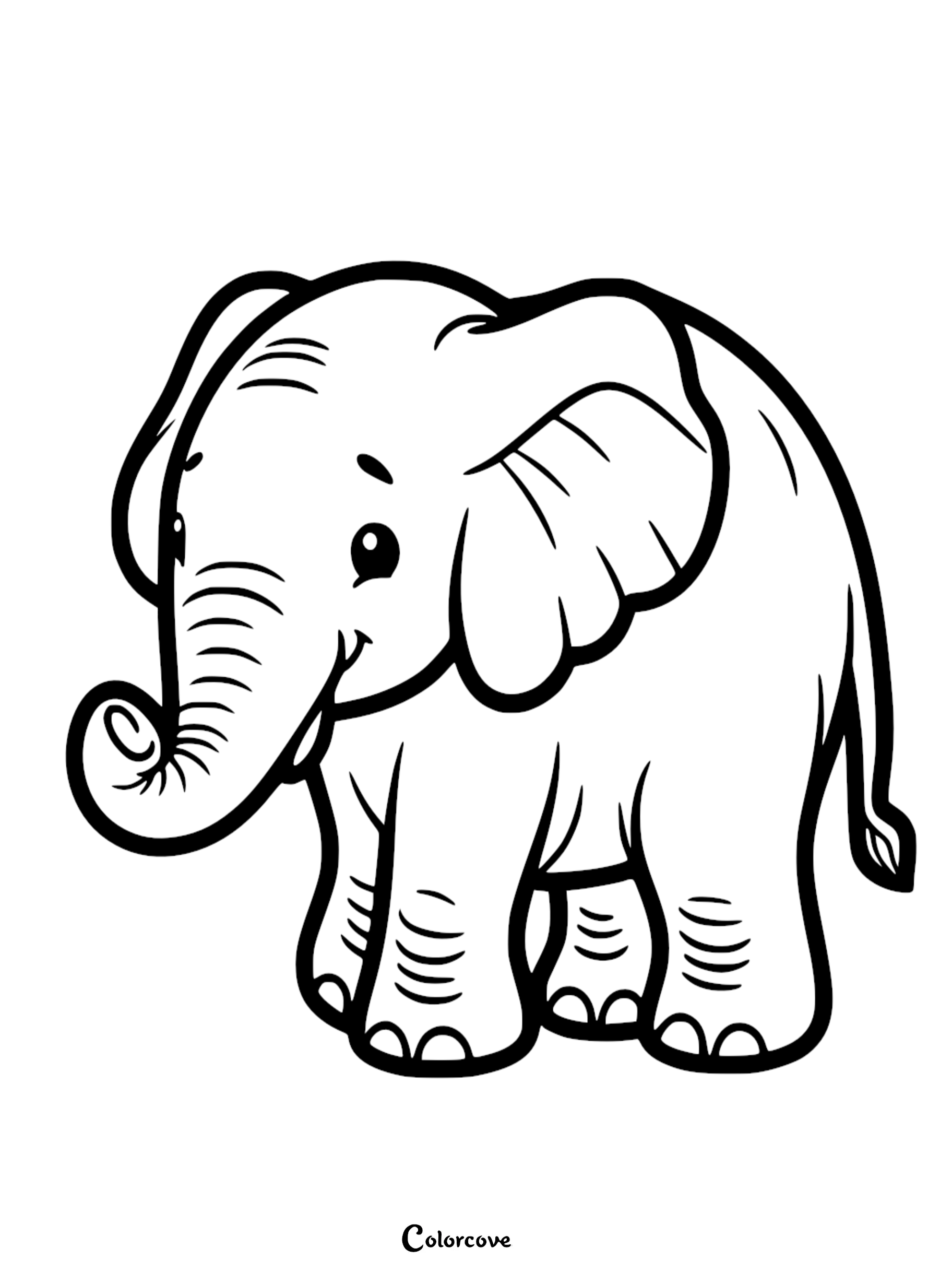 A simple line art coloring page of a cute baby elephant with large ears and a curled trunk standing on a white background.