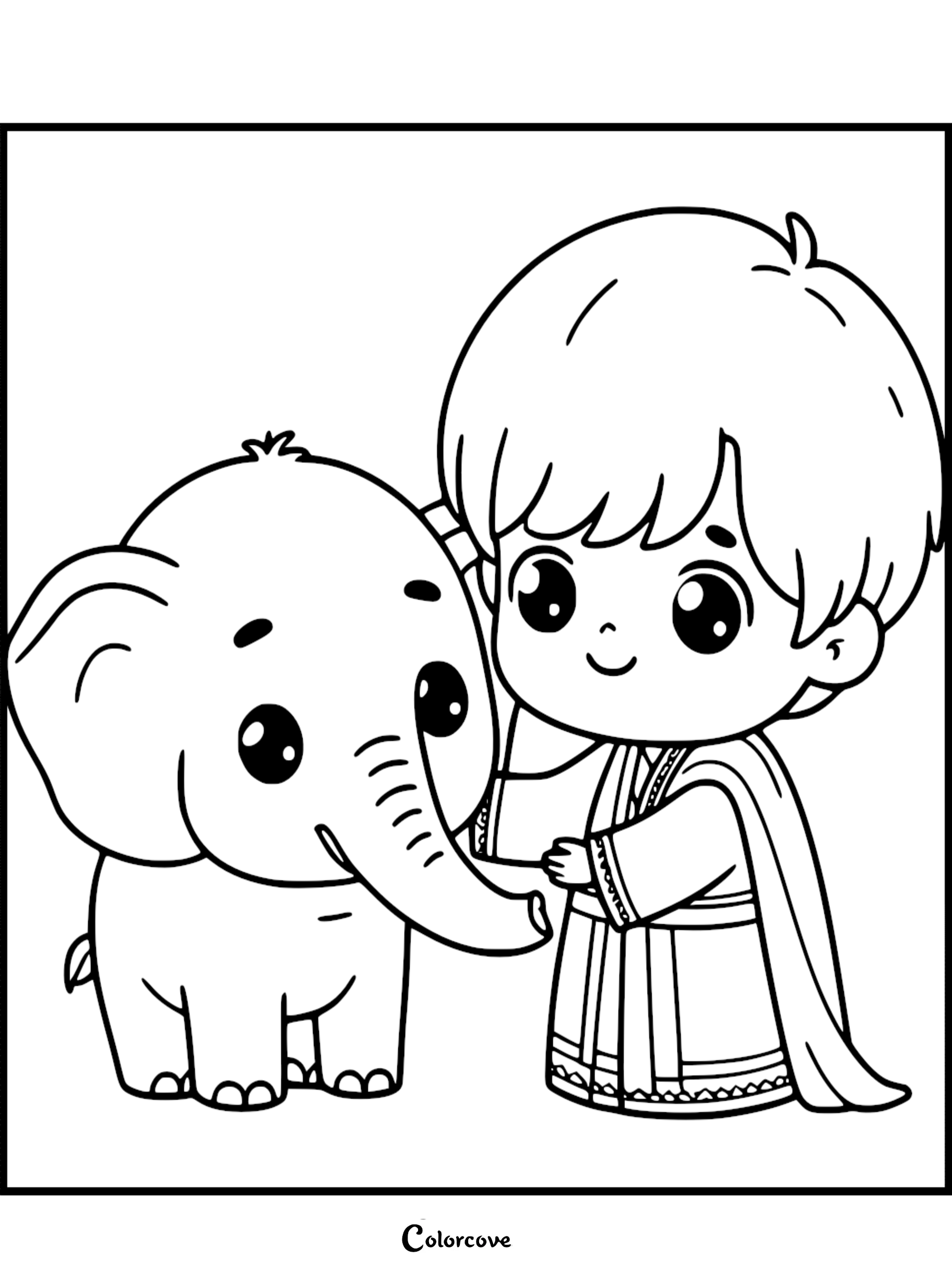 A cute boy in traditional robes petting a small elephant in this printable coloring page.