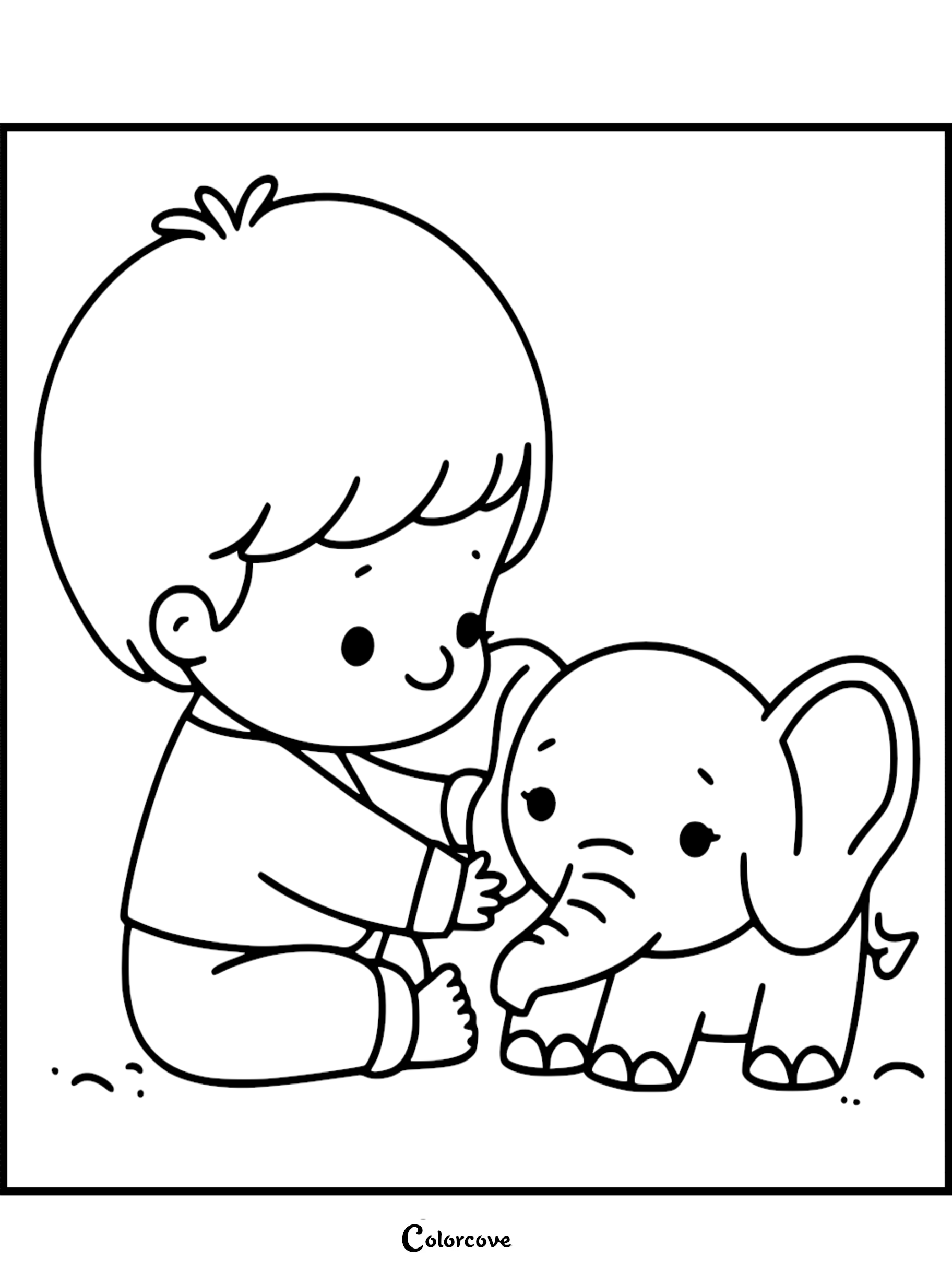 A printable coloring page featuring a young boy sitting on the ground gently petting a small, adorable baby elephant.
