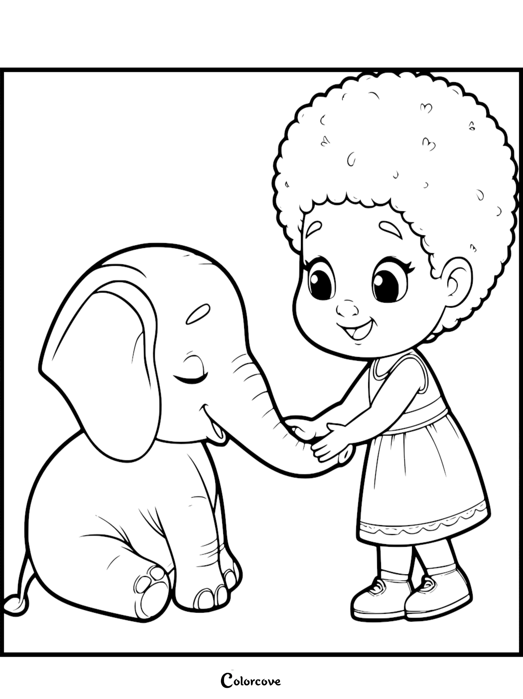A cute girl with curly hair holding the trunk of a sitting baby elephant in this printable coloring page.