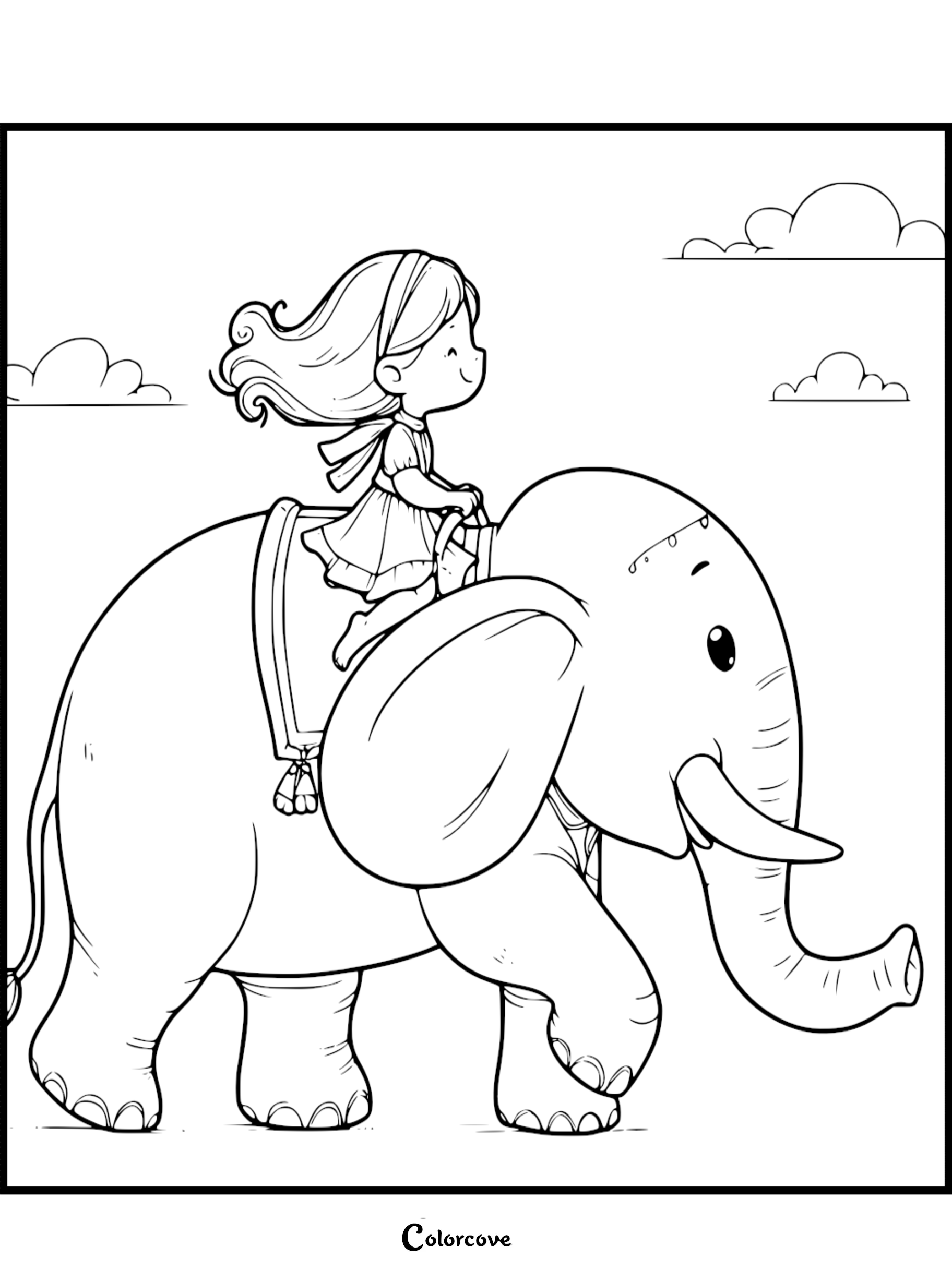 A young girl with a headband riding on the back of a friendly elephant in this printable coloring page.