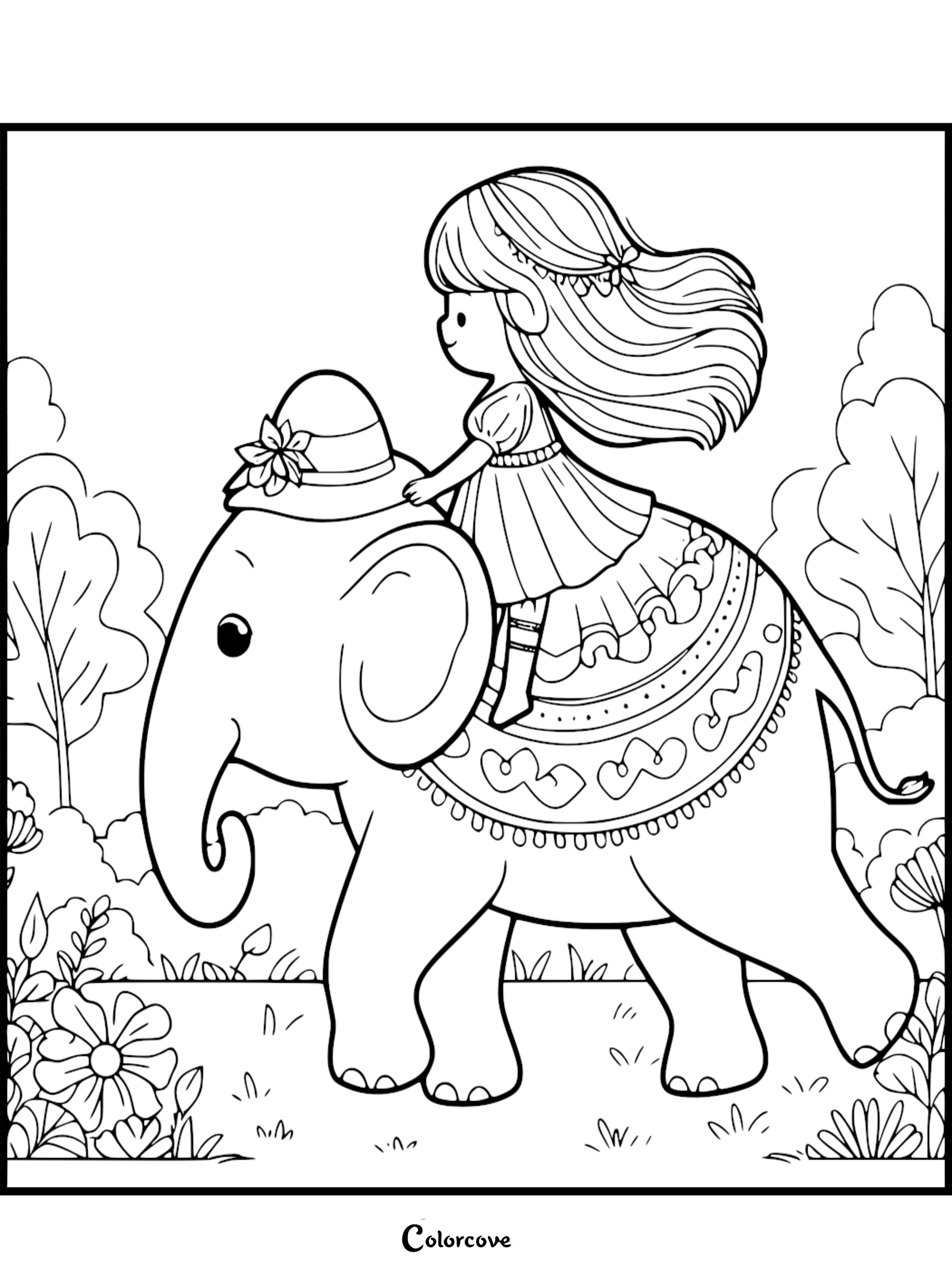 A girl with long hair wearing a dress riding a cute elephant with a flower hat in a forest, printable coloring page.