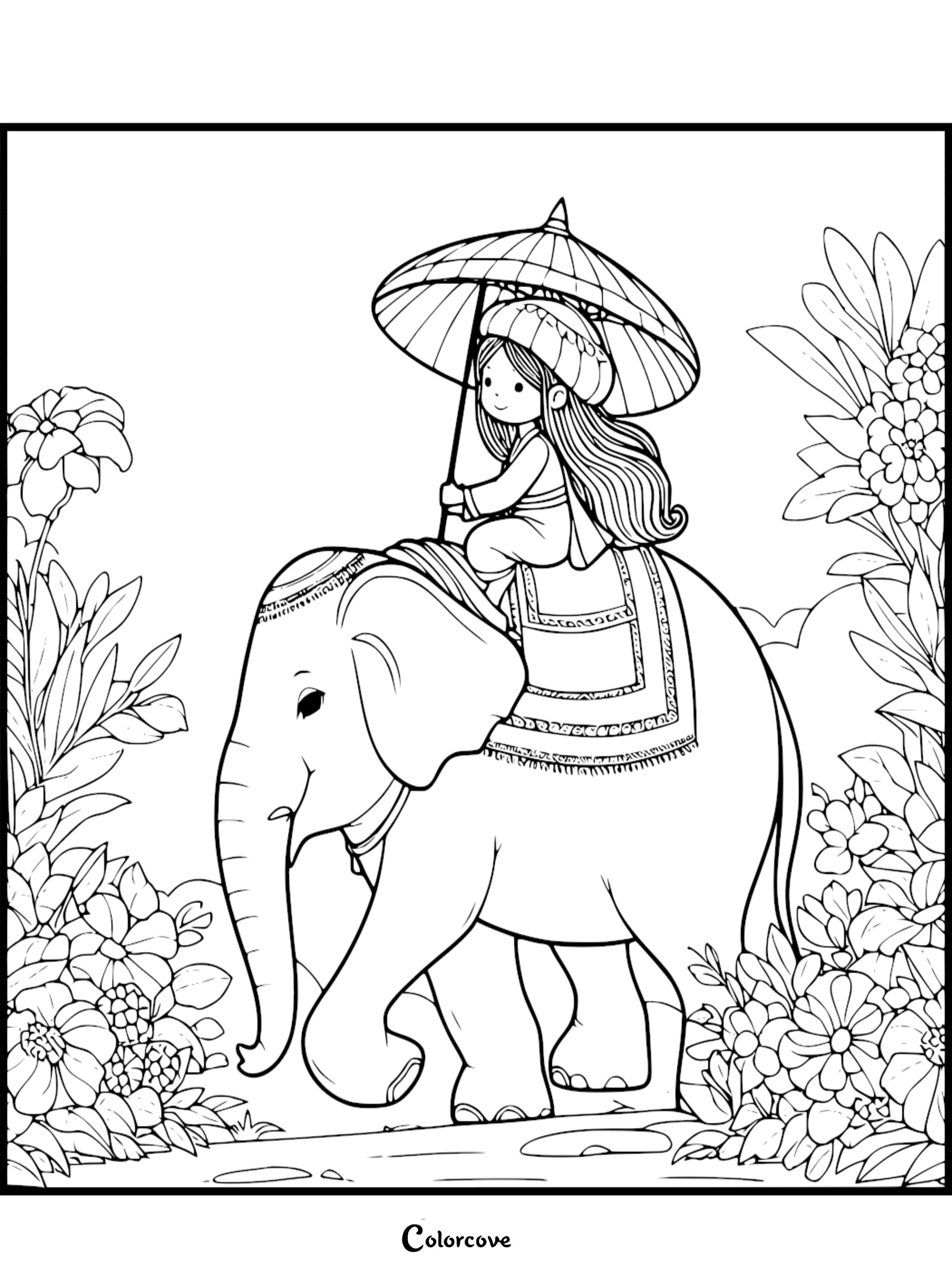 A girl in traditional attire holding an umbrella while riding a cute elephant through a floral garden in this printable coloring page.