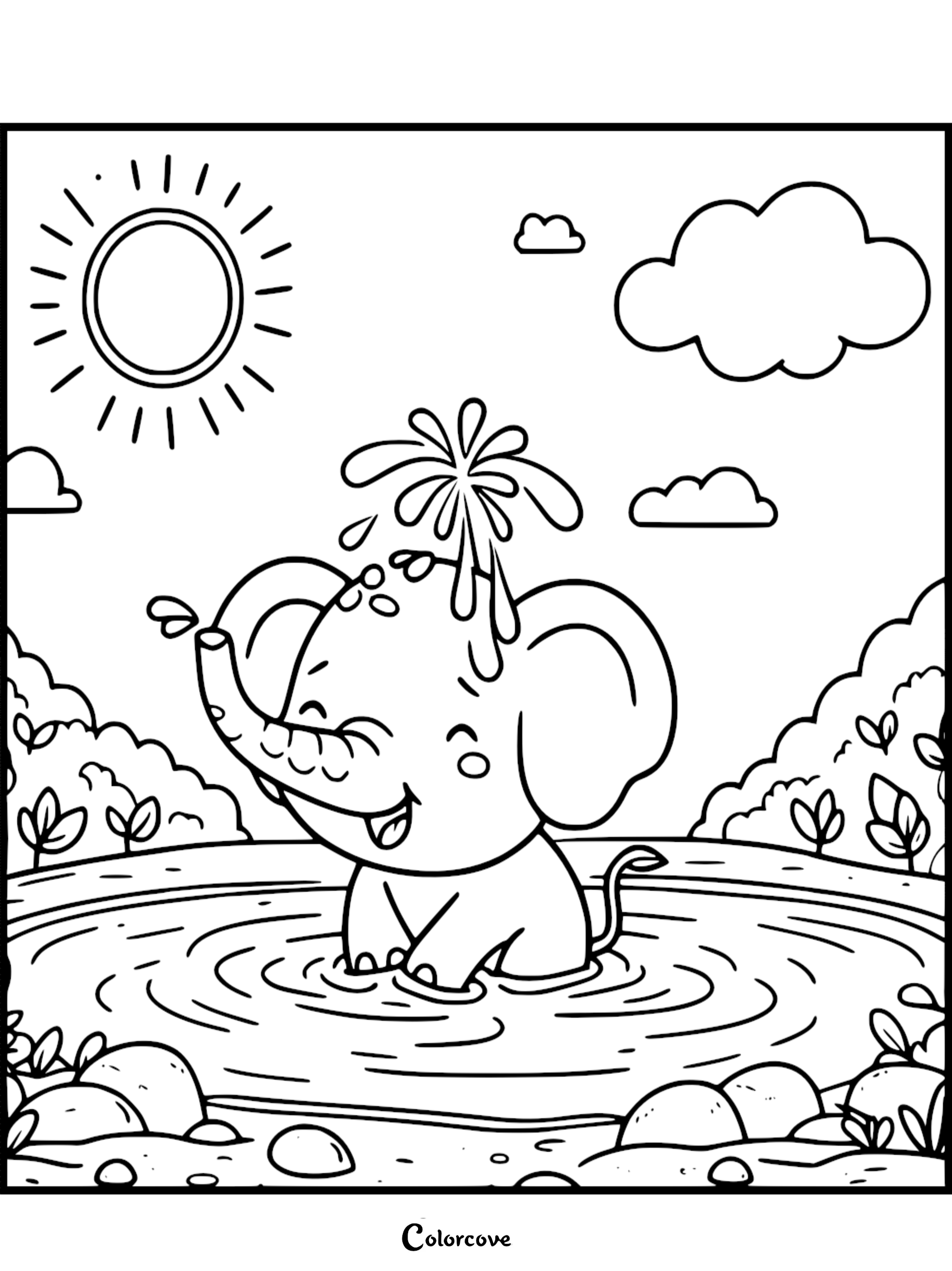A cute baby elephant spraying water from its trunk while sitting in a pond, sunny sky background, printable coloring page.