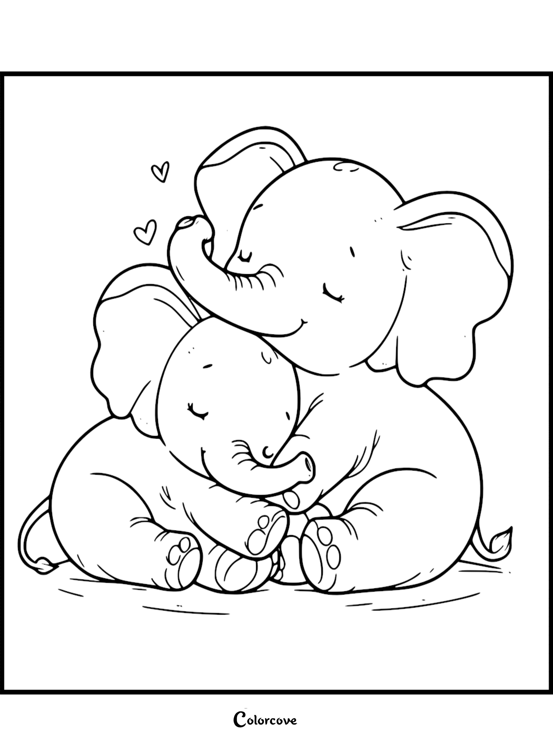 A cute elephant coloring page featuring a mother elephant gently hugging her baby elephant with two small hearts floating above them.