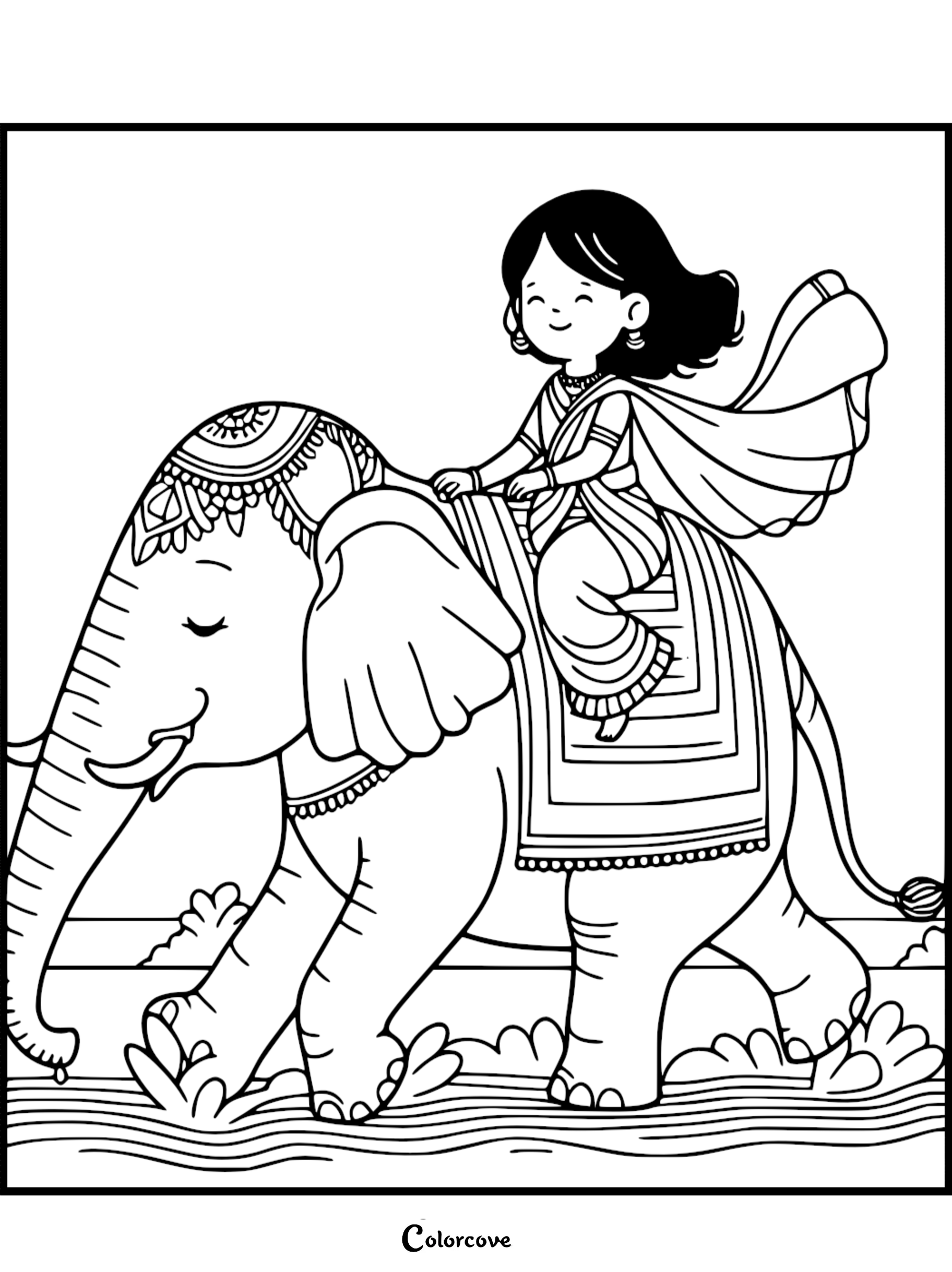 A girl in a traditional sari riding a decorated elephant through water in this printable coloring page.