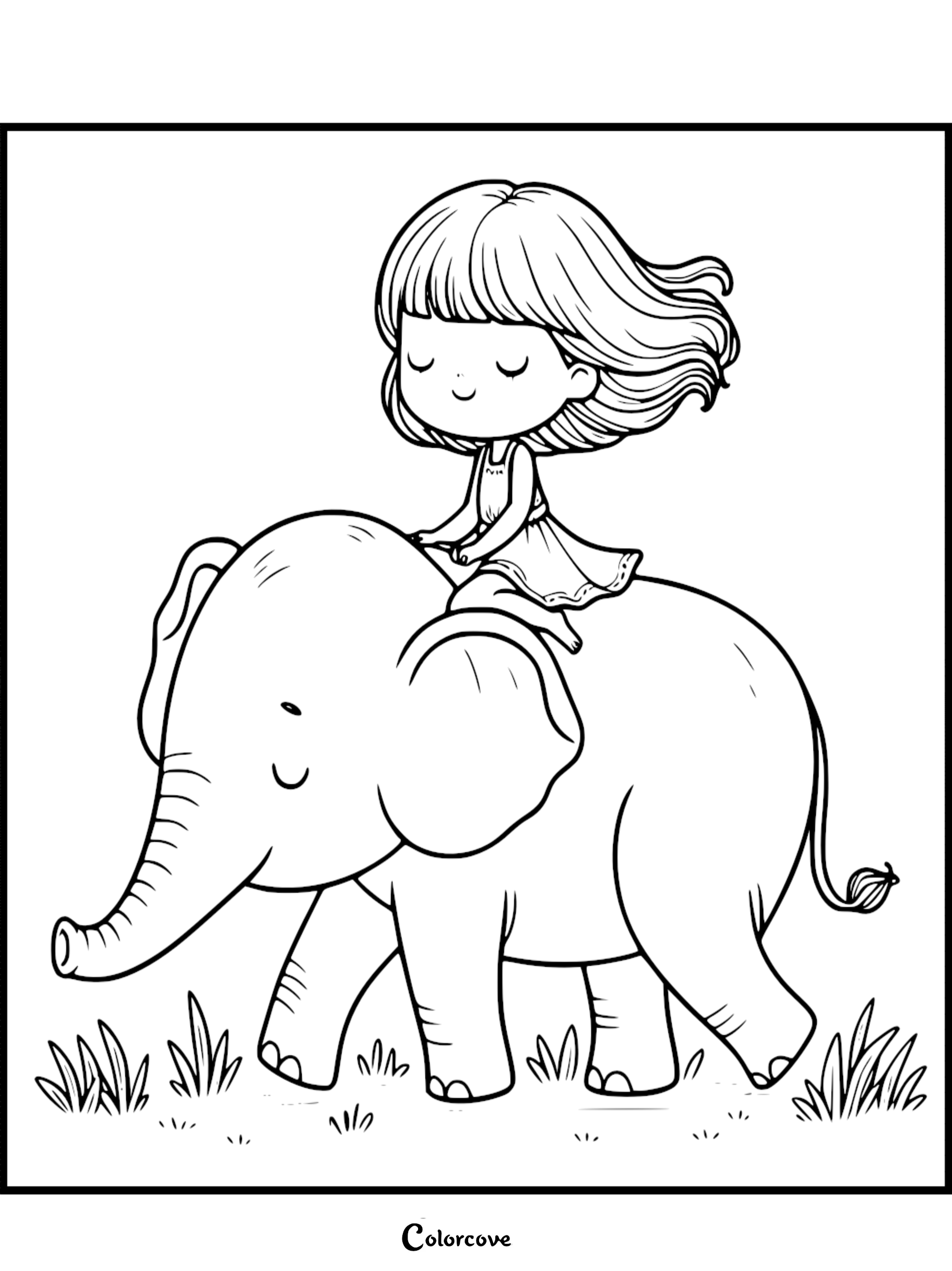 A cute girl with flowing hair riding on the back of a friendly baby elephant in a grass field, printable coloring page.