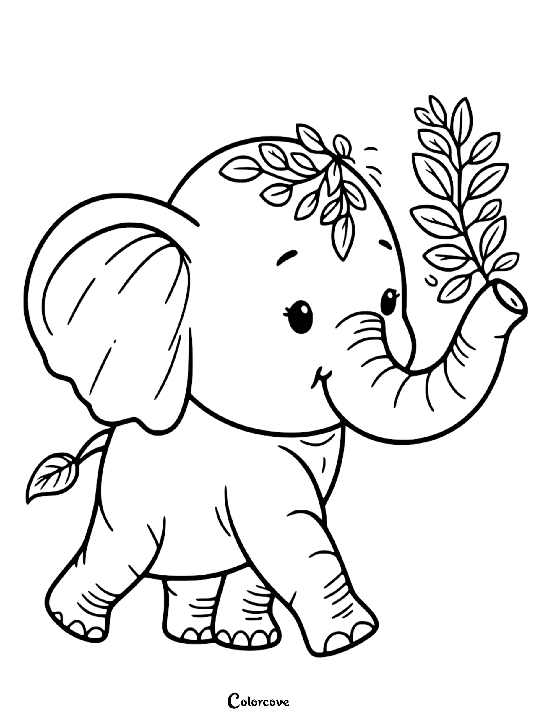 A cute baby elephant coloring page featuring a small calf with a leafy branch on its head and holding a sprig in its trunk.