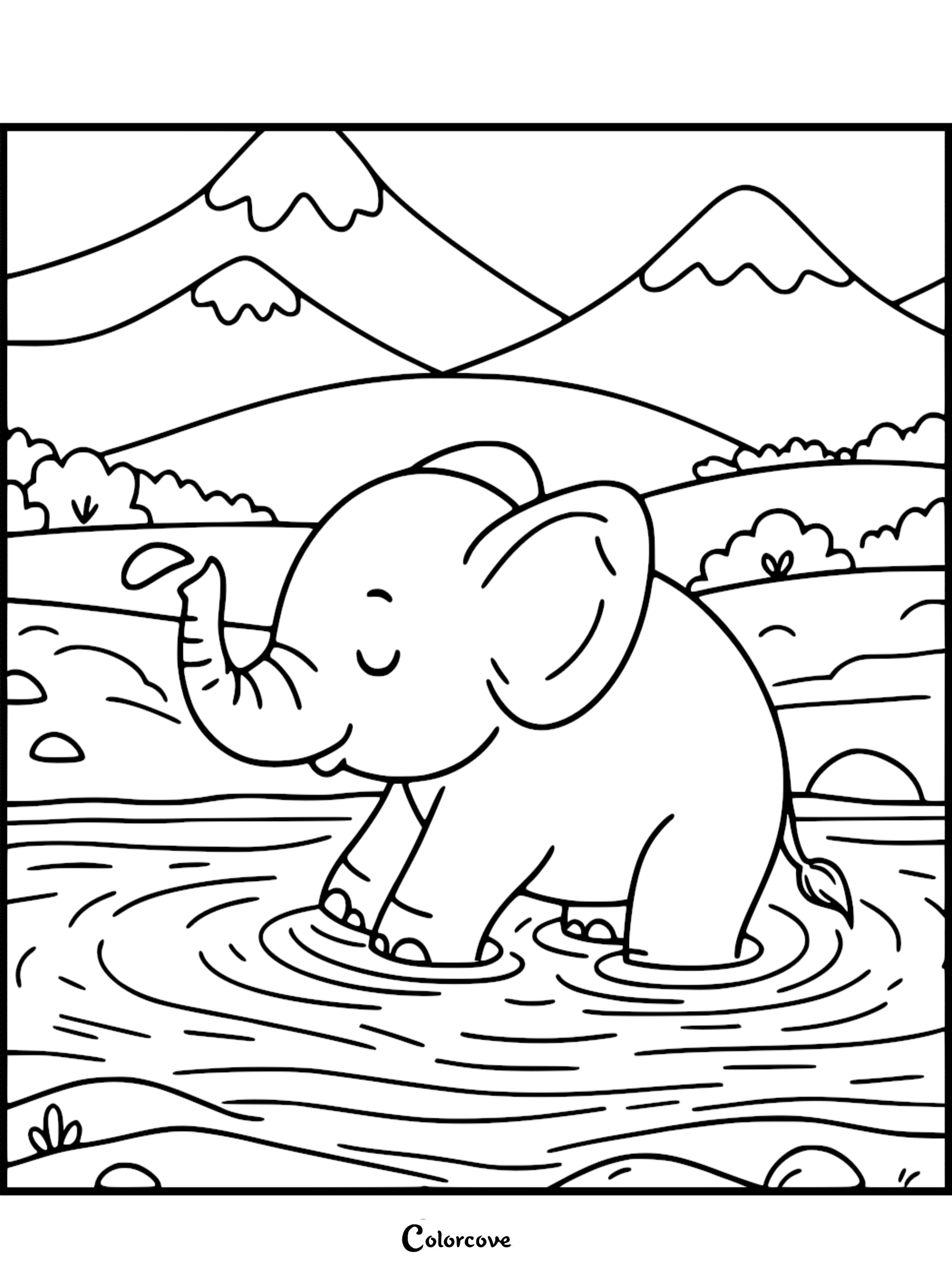 A cute baby elephant splashing water with its trunk in a river, with snow-capped mountains in the background, coloring page style line art.