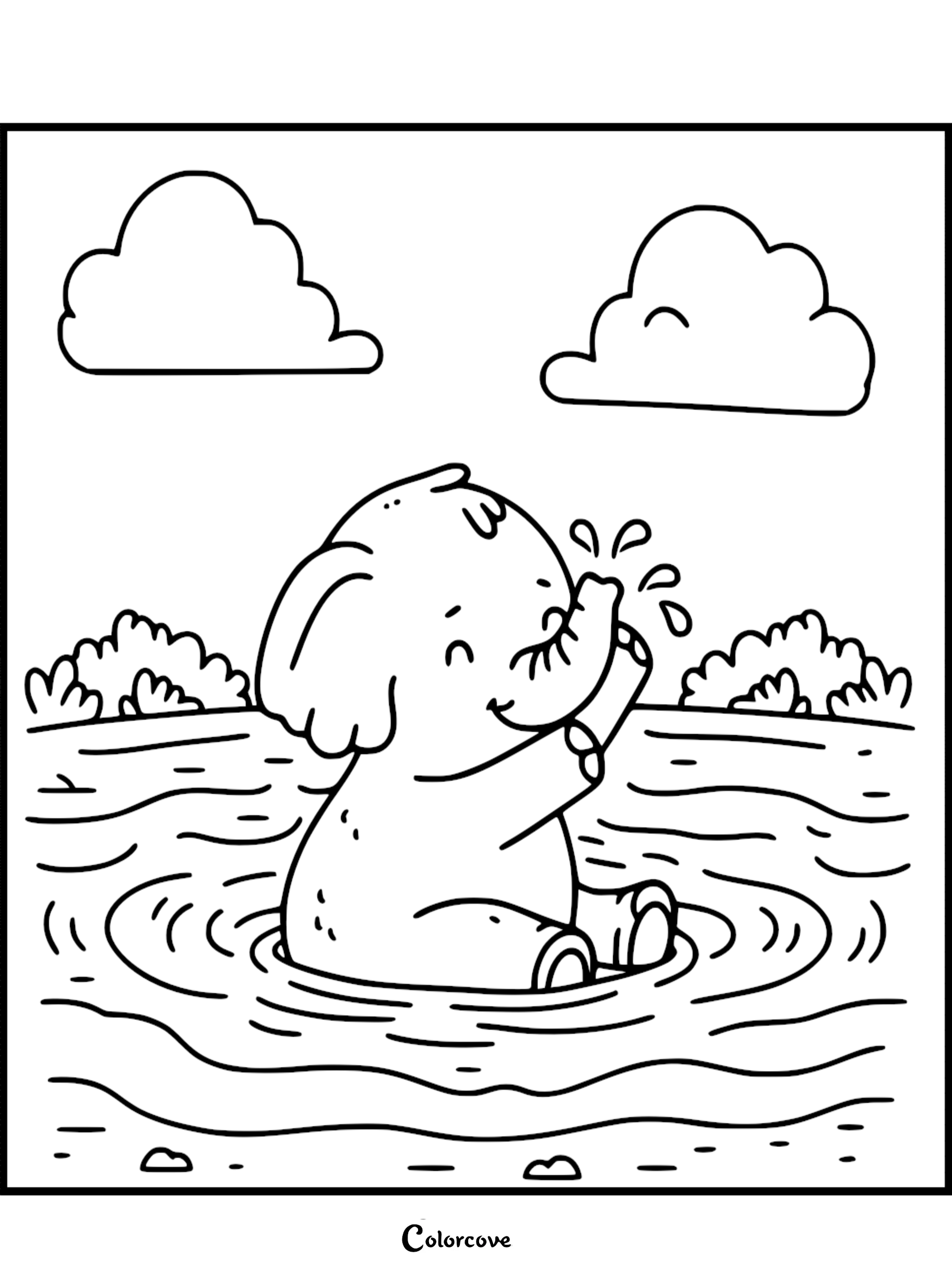 A cute baby elephant sitting in a pond and splashing water with its trunk, featured in a simple line art coloring page.