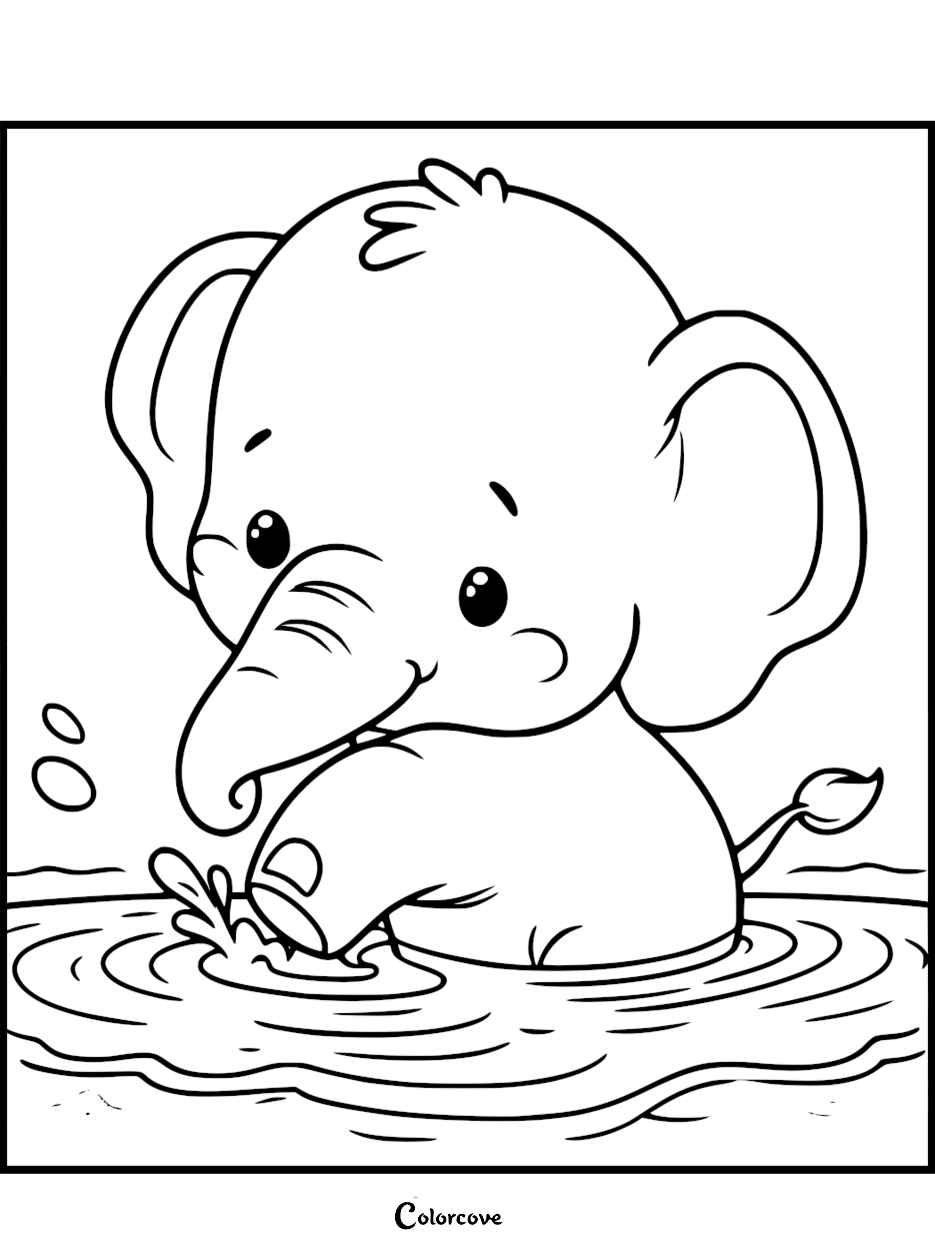 A cute baby elephant with large ears splashing water with its trunk in a pond, line art coloring page.