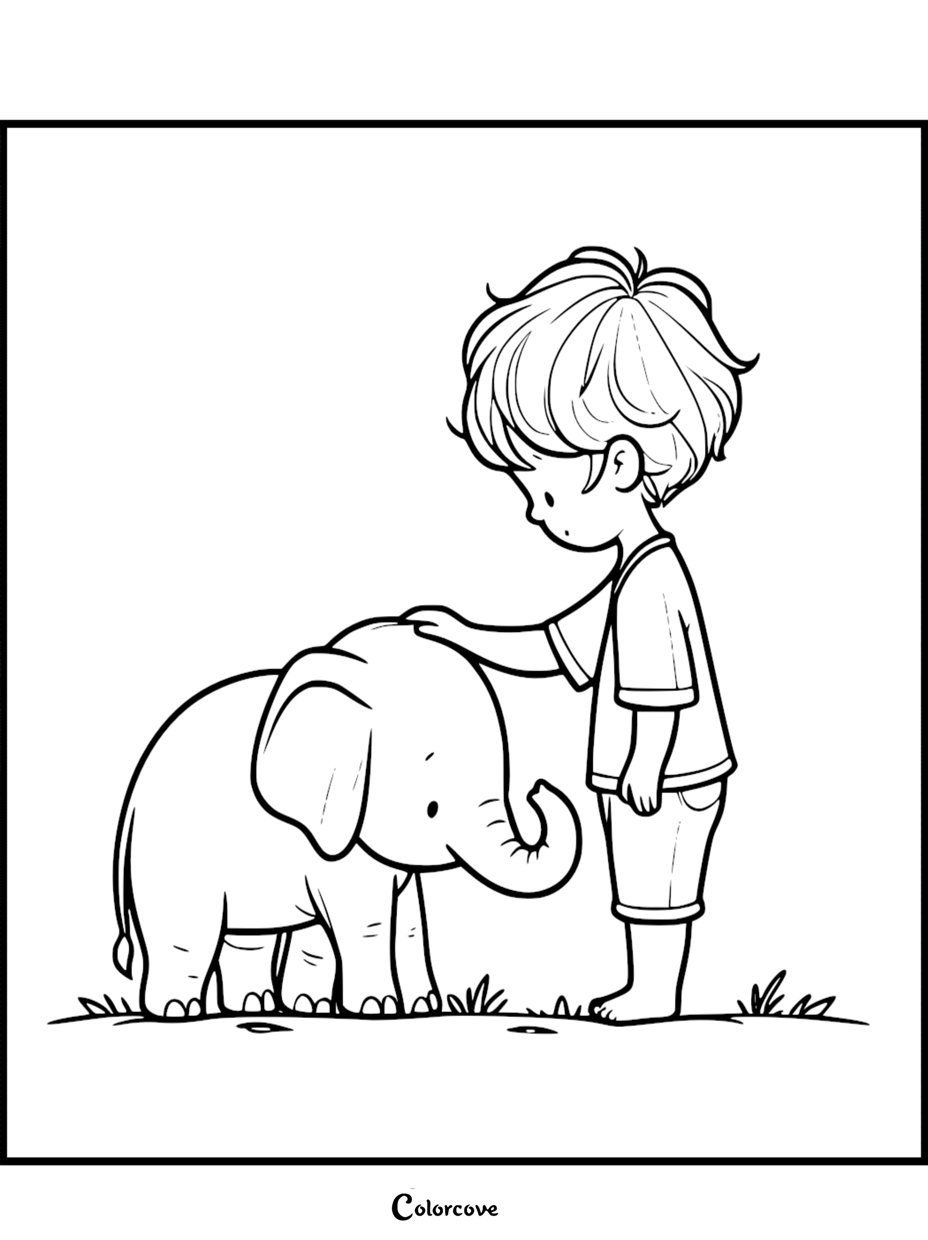 A young boy with messy hair gently petting a small, cute baby elephant in this printable coloring page.