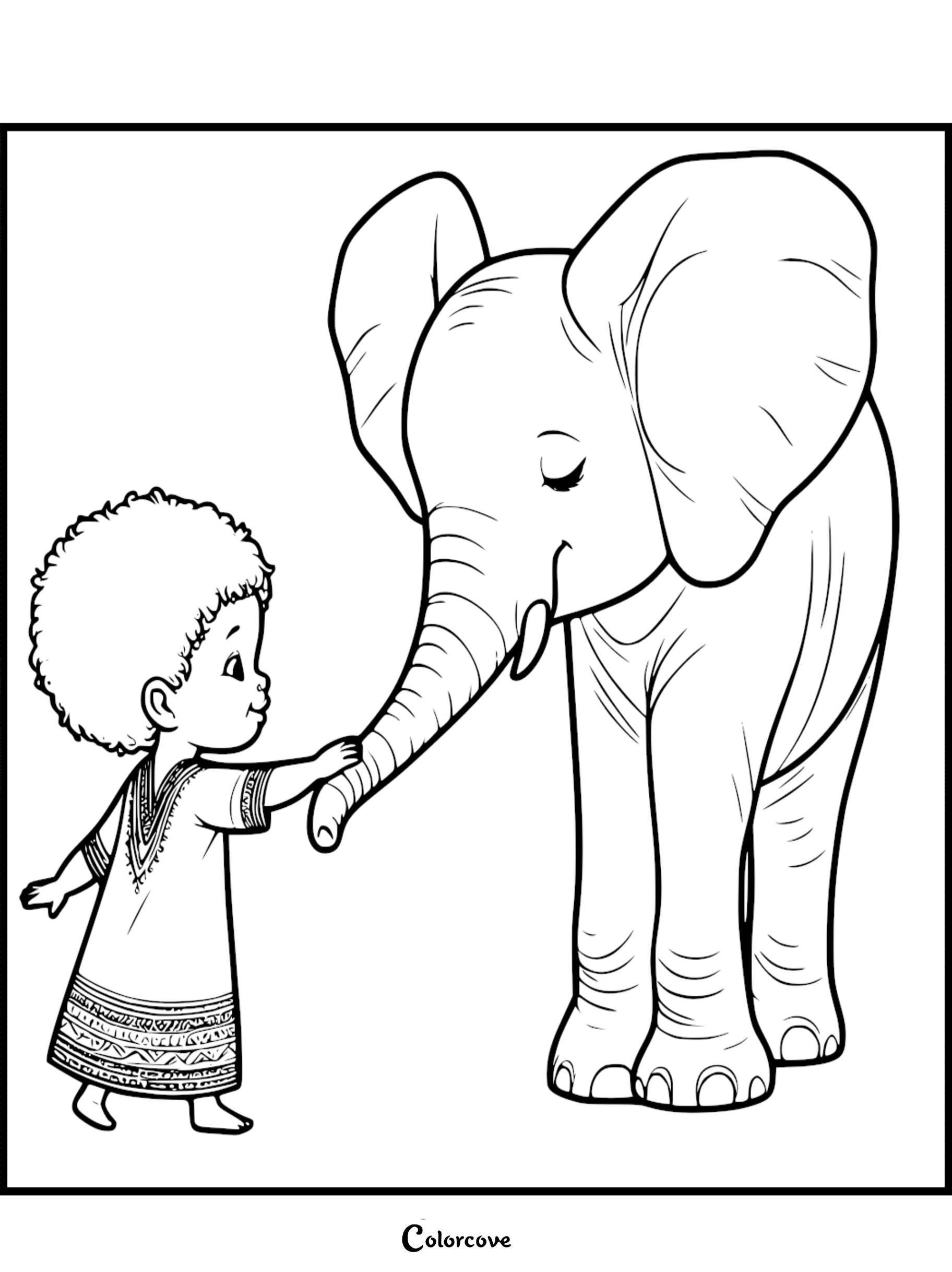 A young child with curly hair wearing a patterned tunic gently touching the trunk of a friendly elephant in this printable coloring page.