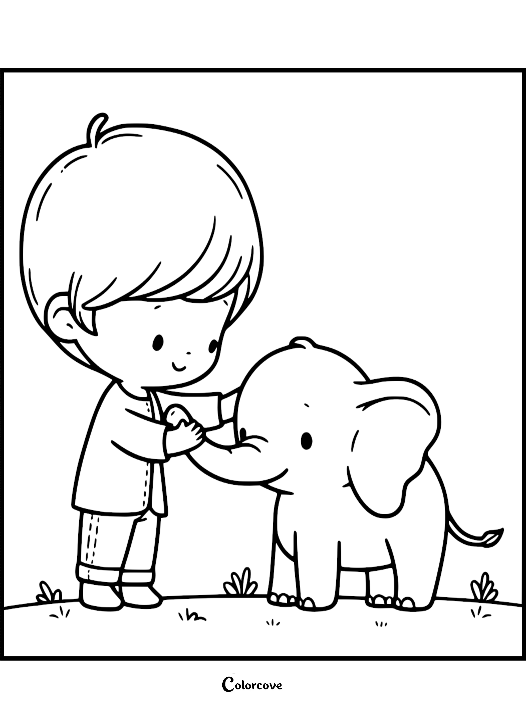 A cute boy gently petting a small elephant in a grassy field, black and white coloring page.