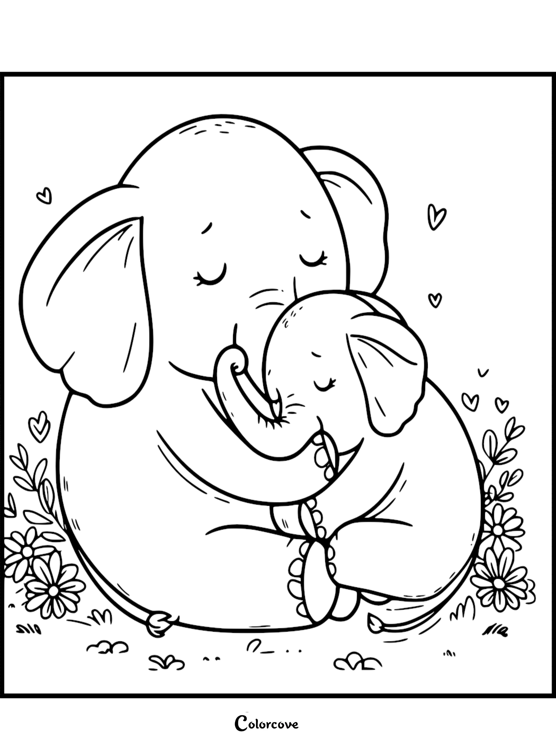 A cute mother elephant hugging her baby calf in a field of flowers, line art coloring page style.