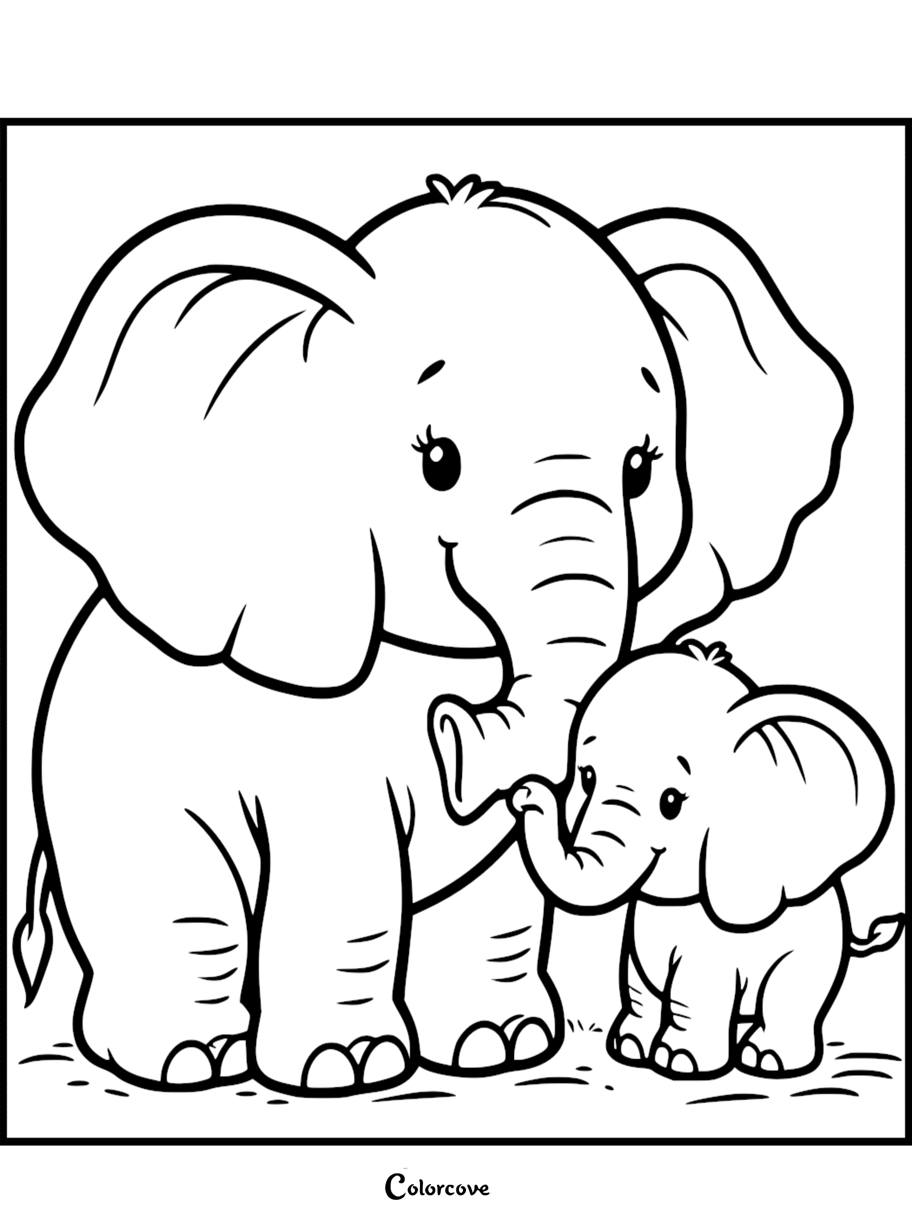 A cute elephant mother standing next to her baby calf in this printable coloring page with thick black outlines.