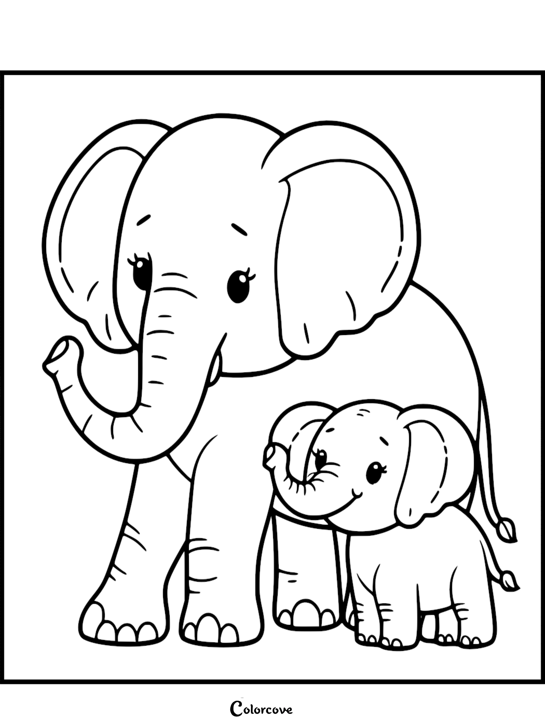 A sweet coloring page featuring a mother elephant standing protectively beside her small, happy baby elephant.