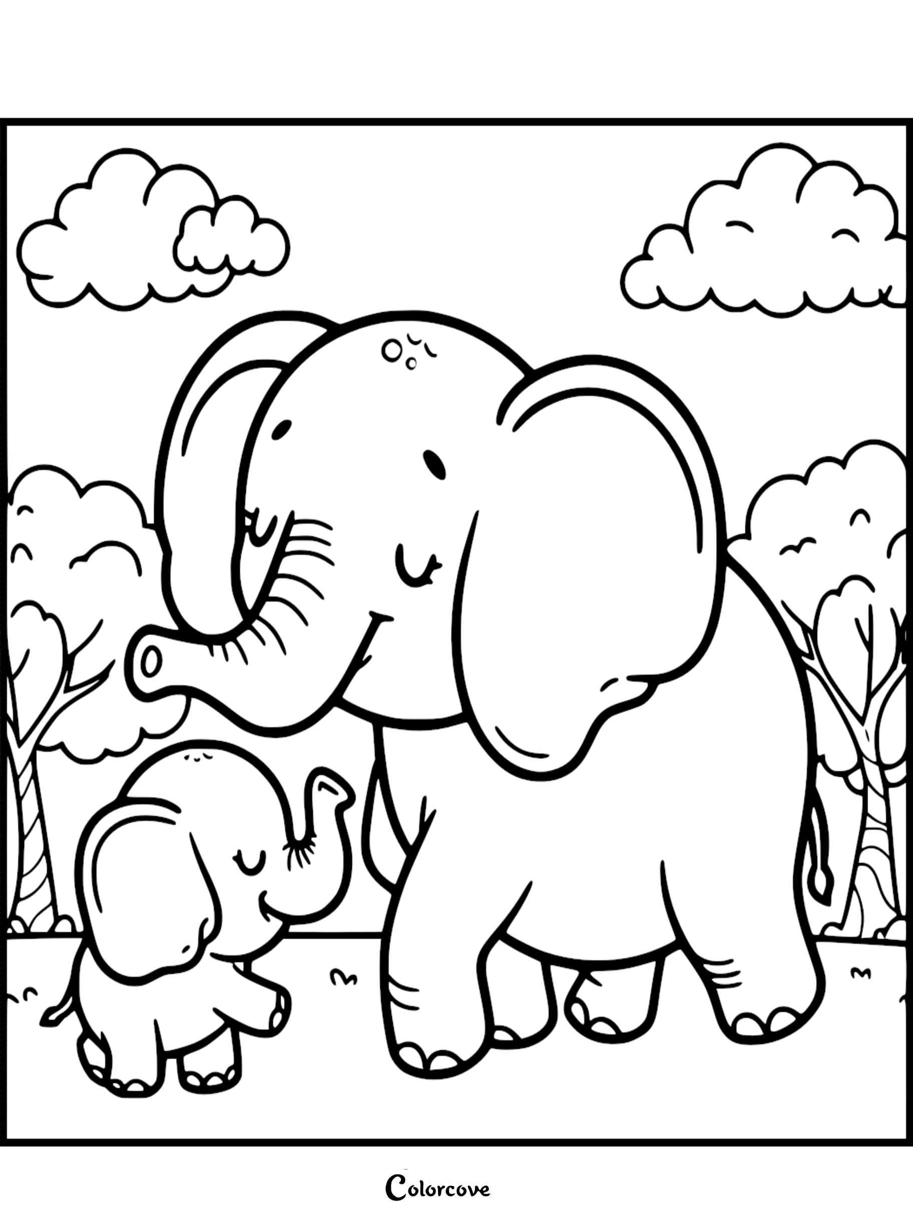 A cute elephant mother and her baby standing in a forest, printable coloring page for kids.