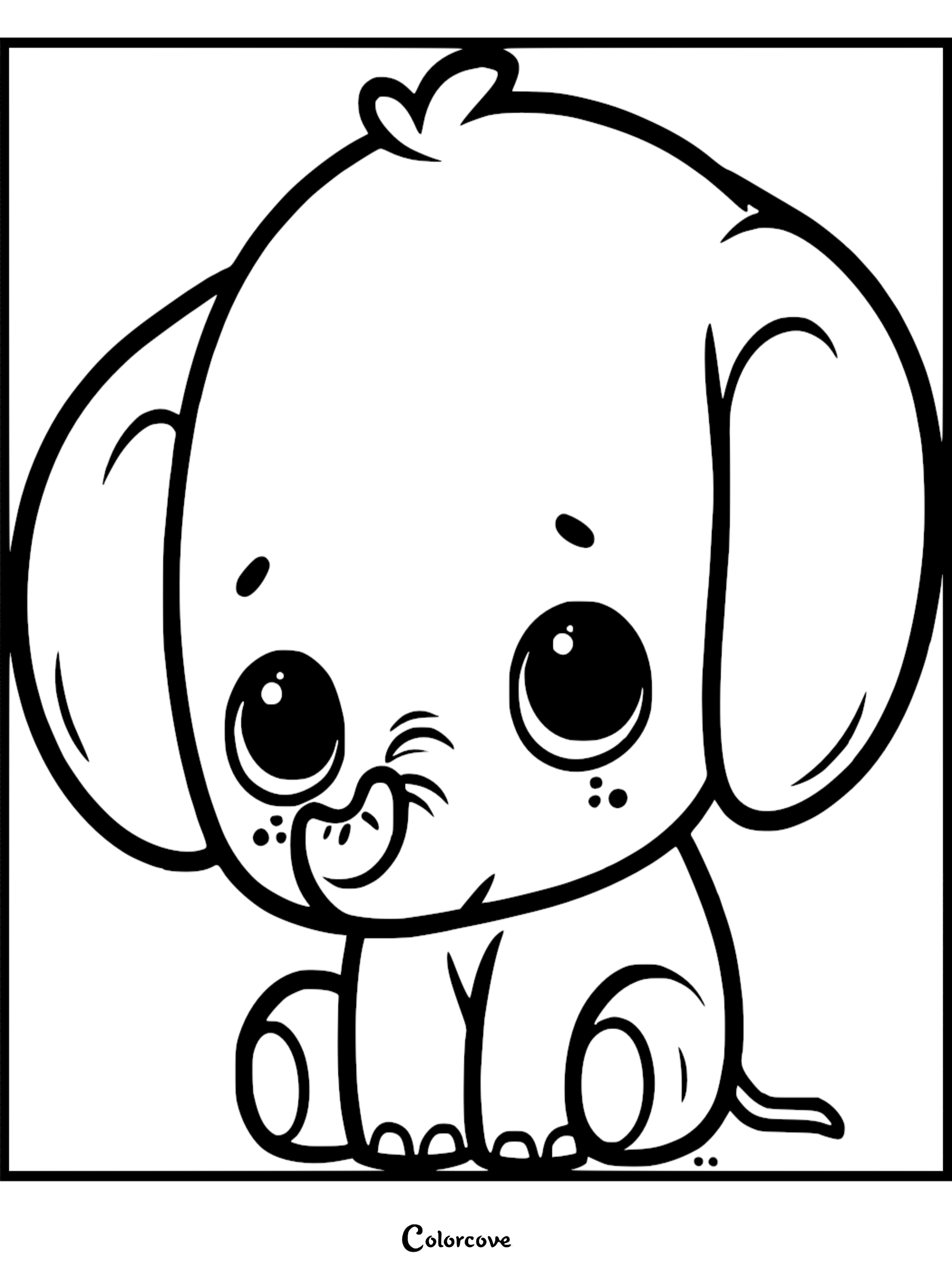A cute baby elephant with large expressive eyes and a small trunk sitting down in this printable coloring page.