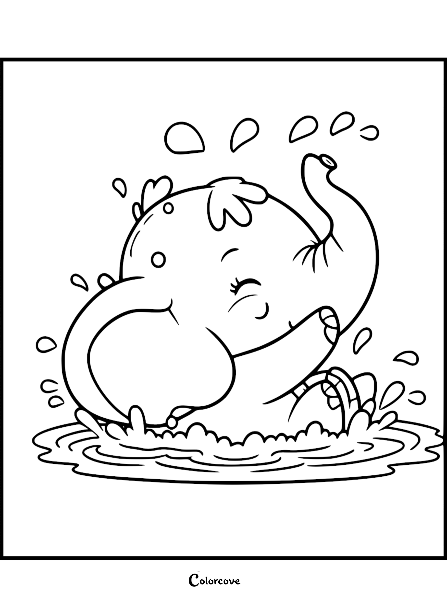A cute baby elephant with closed eyes splashing in a pool of water, depicted in a simple black and white coloring page style.
