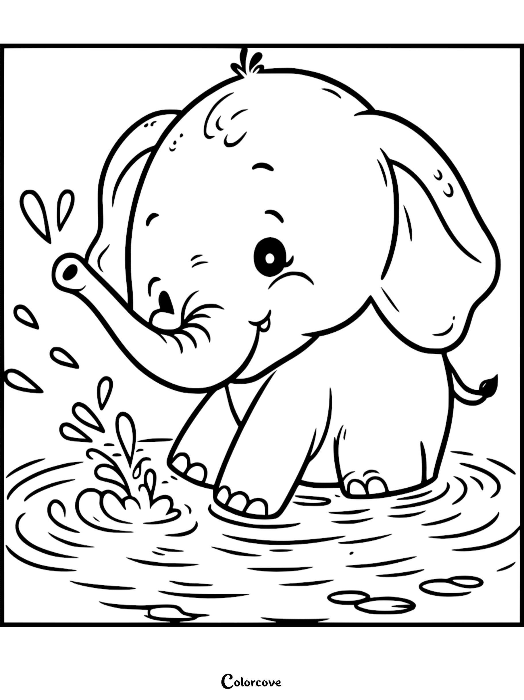 A cute baby elephant splashing water with its trunk in a pond, line art coloring page for kids.
