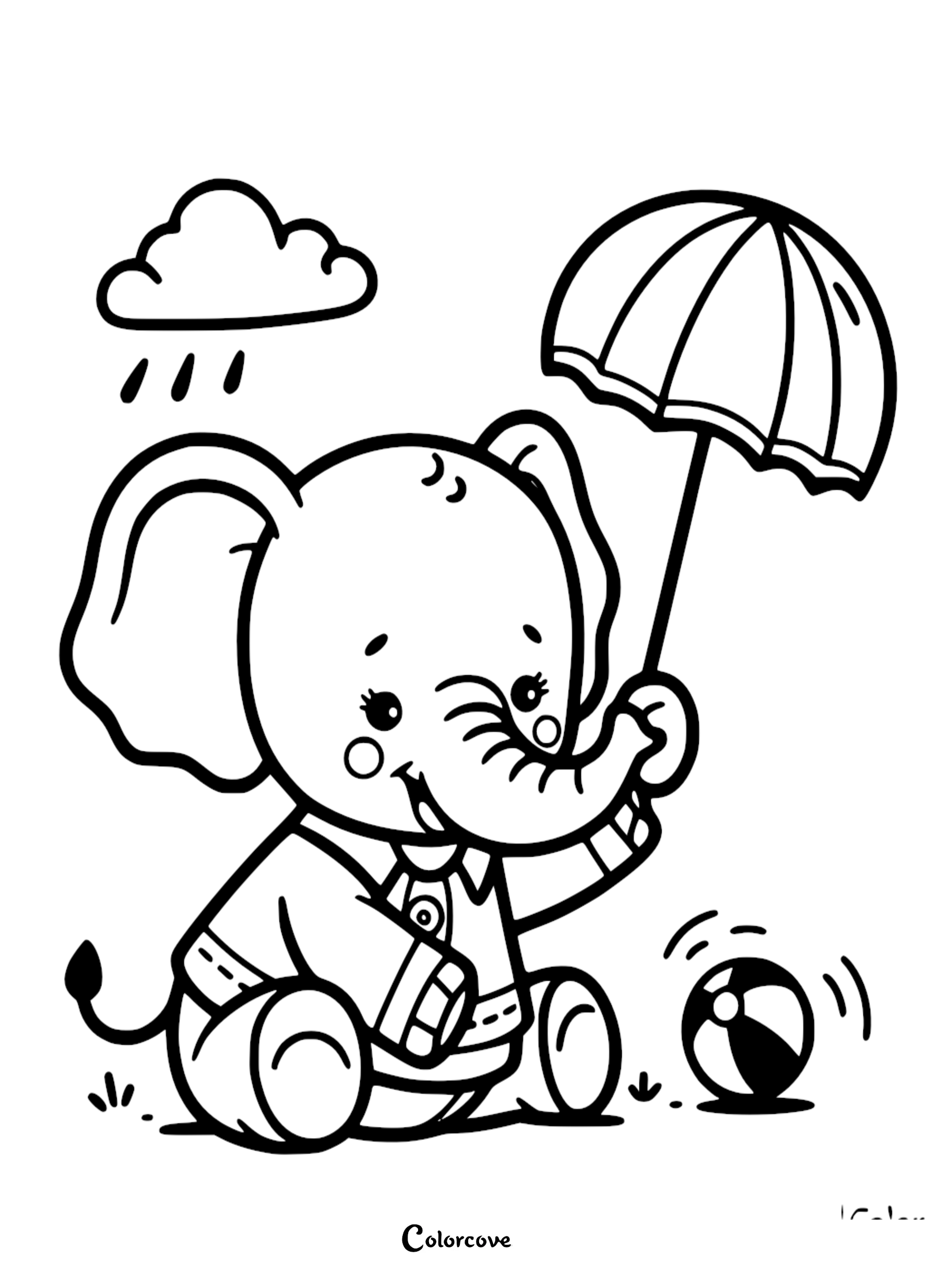 A cute baby elephant wearing a shirt holding an umbrella under a rain cloud next to a beach ball in this printable coloring page.