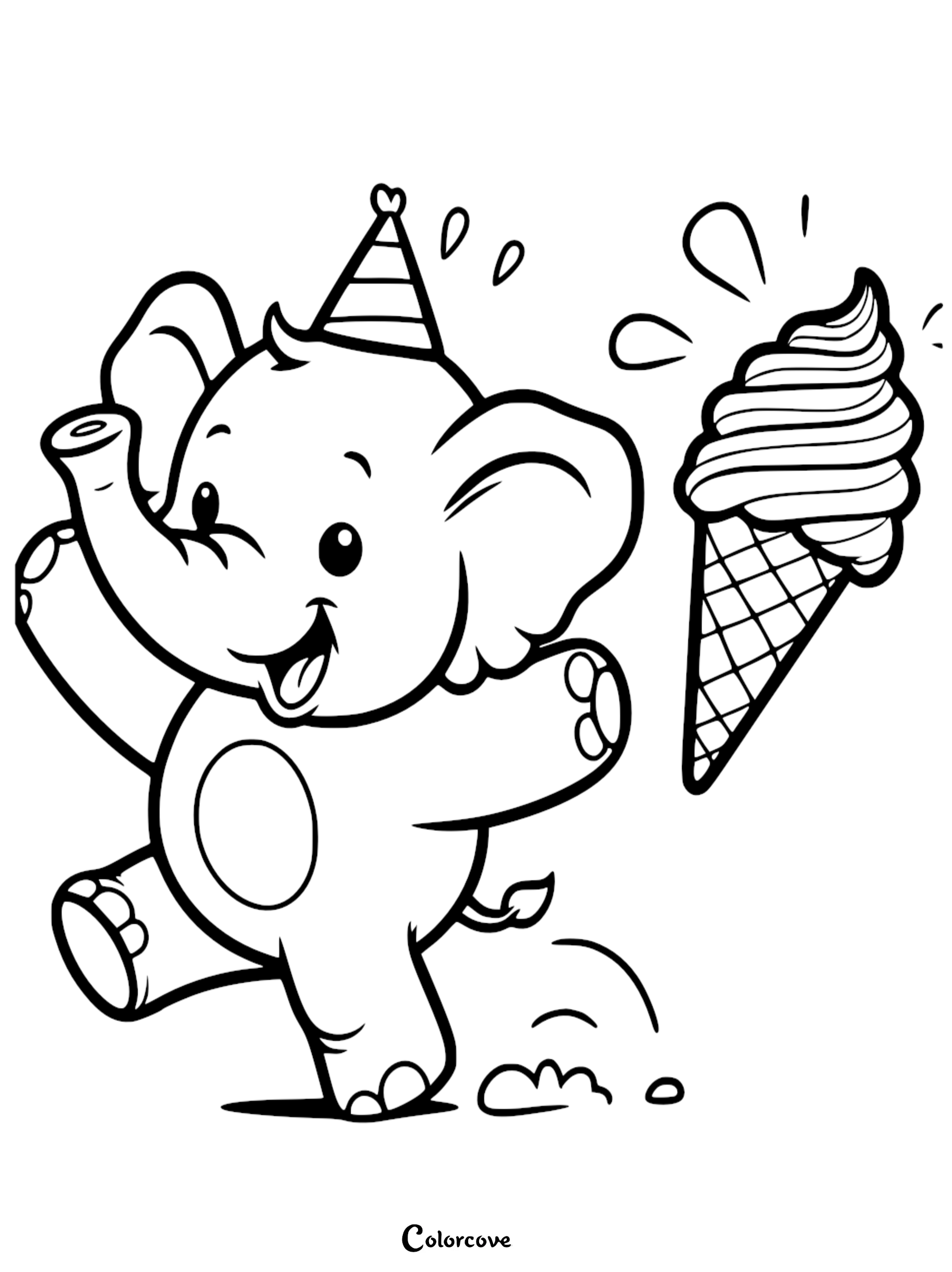 A cute elephant wearing a party hat jumping joyfully next to a large ice cream cone in this printable coloring page.