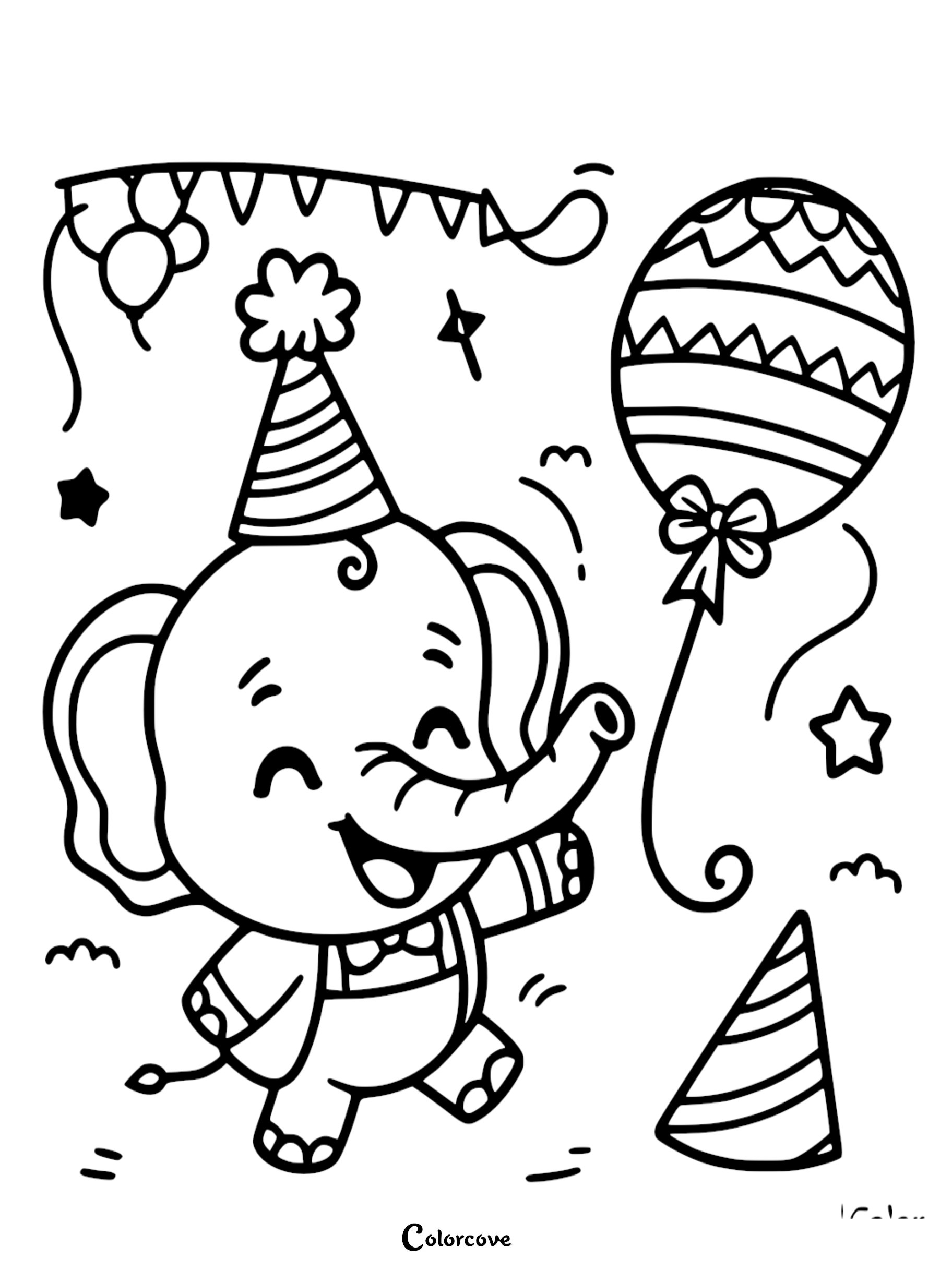 A cute elephant wearing a party hat and bowtie holding a patterned balloon, coloring page style line art.