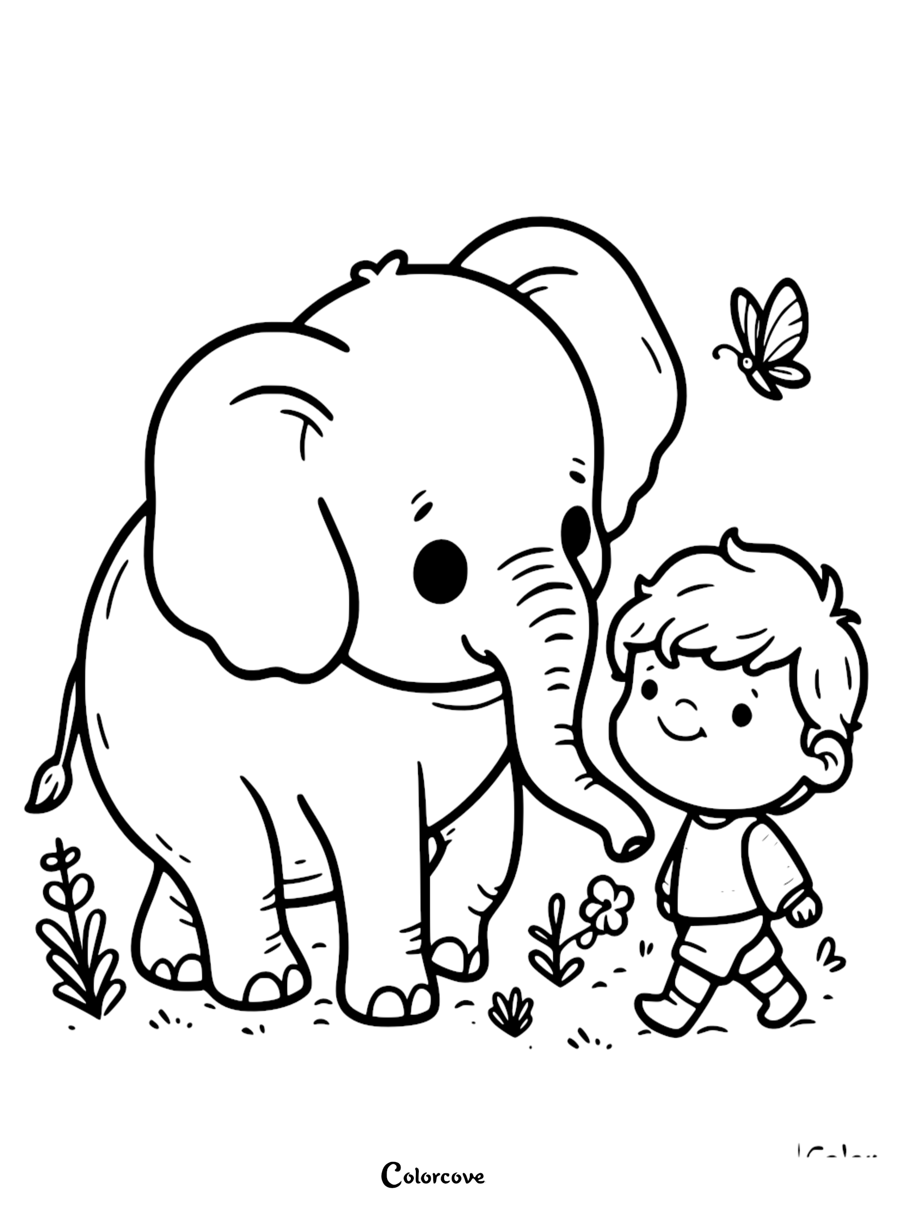 A cute elephant standing next to a smiling young boy in a meadow with a butterfly, line art coloring page.