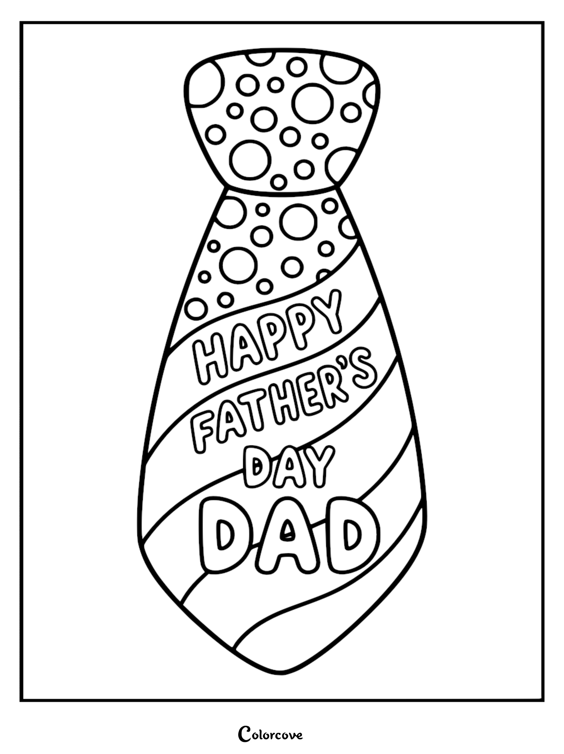A printable Father's Day coloring page featuring a necktie with polka dots at the top and diagonal stripes containing the text Happy Father's Day DAD.