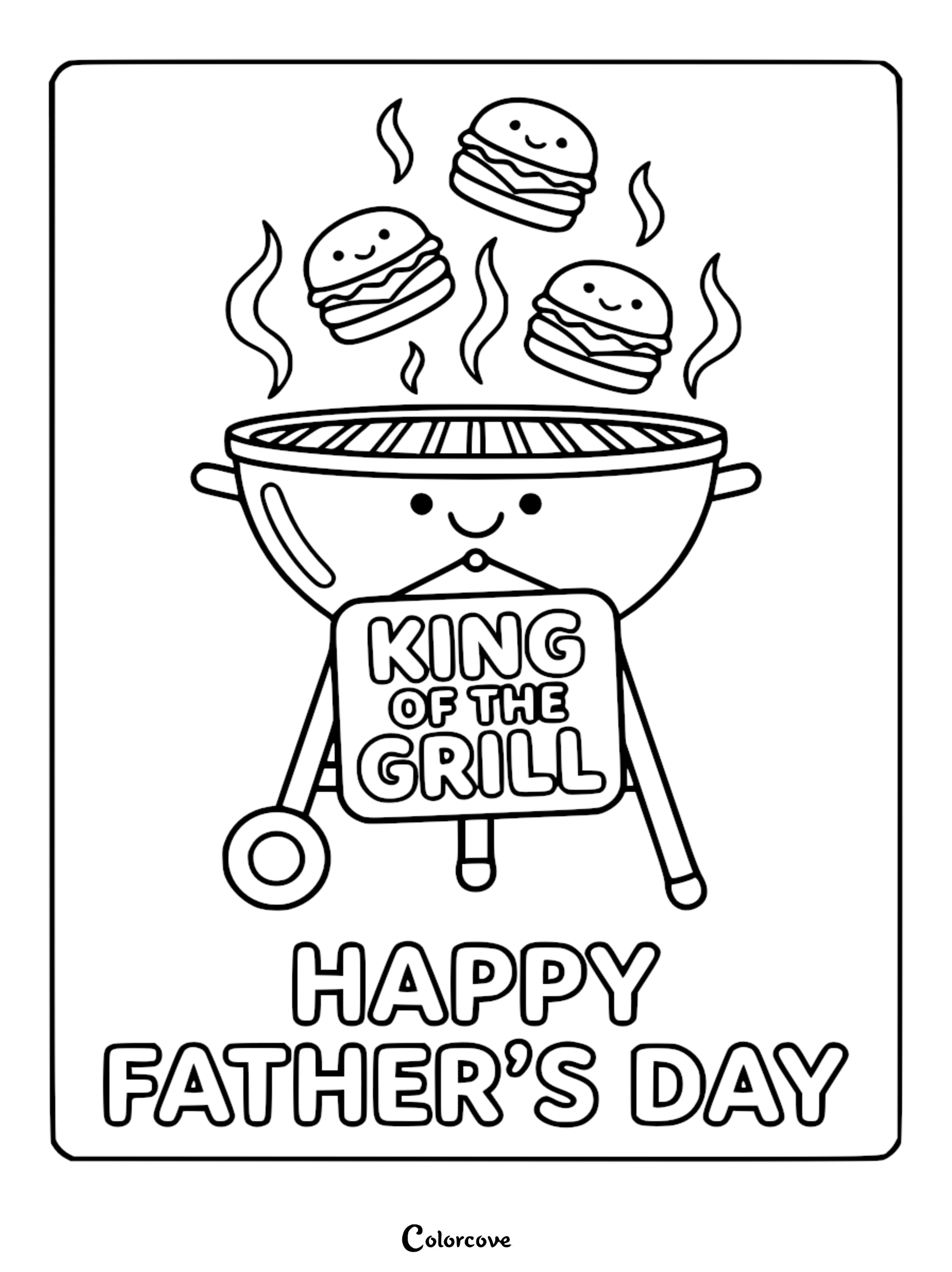 A cute, smiling charcoal grill with three floating, happy cheeseburgers above it and a sign hanging that says King of the Grill on a Father's Day coloring page.
