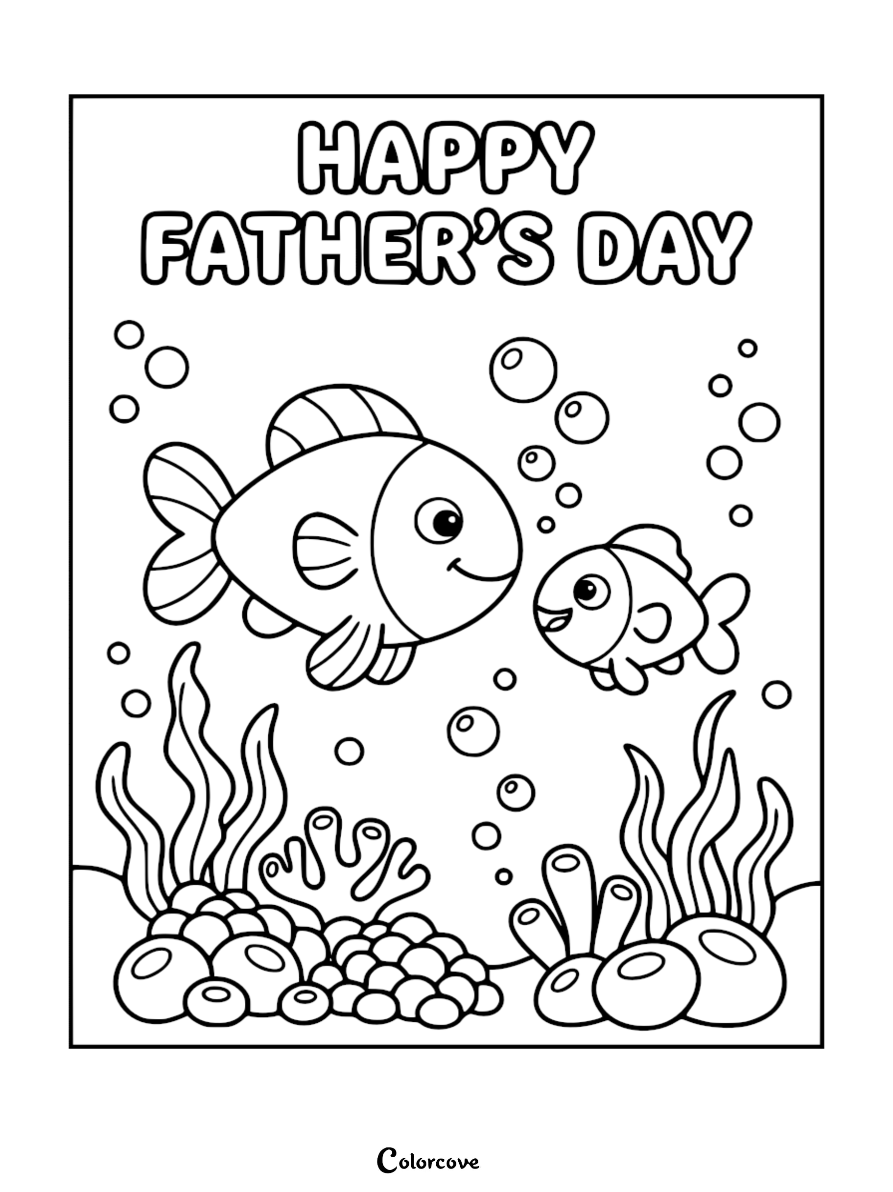 A friendly father fish and small baby fish swimming underwater among coral and bubbles on a printable Father's Day coloring page.