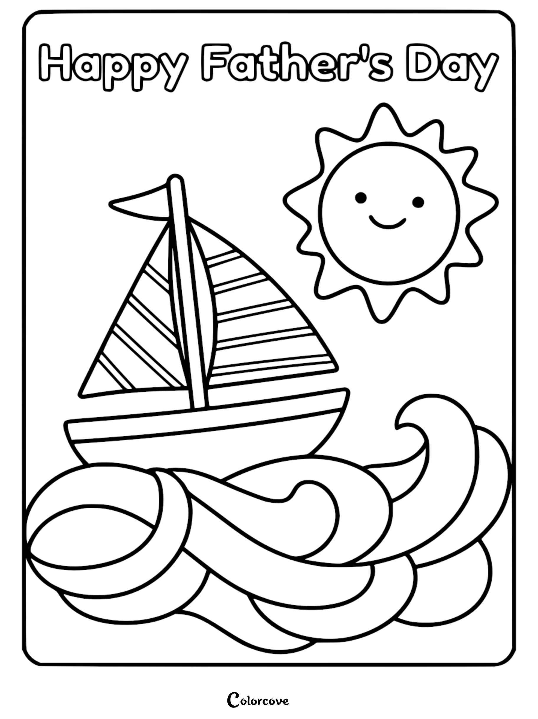 A whimsical Father's Day coloring page featuring a sailboat on wavy water under a happy, smiling sun.