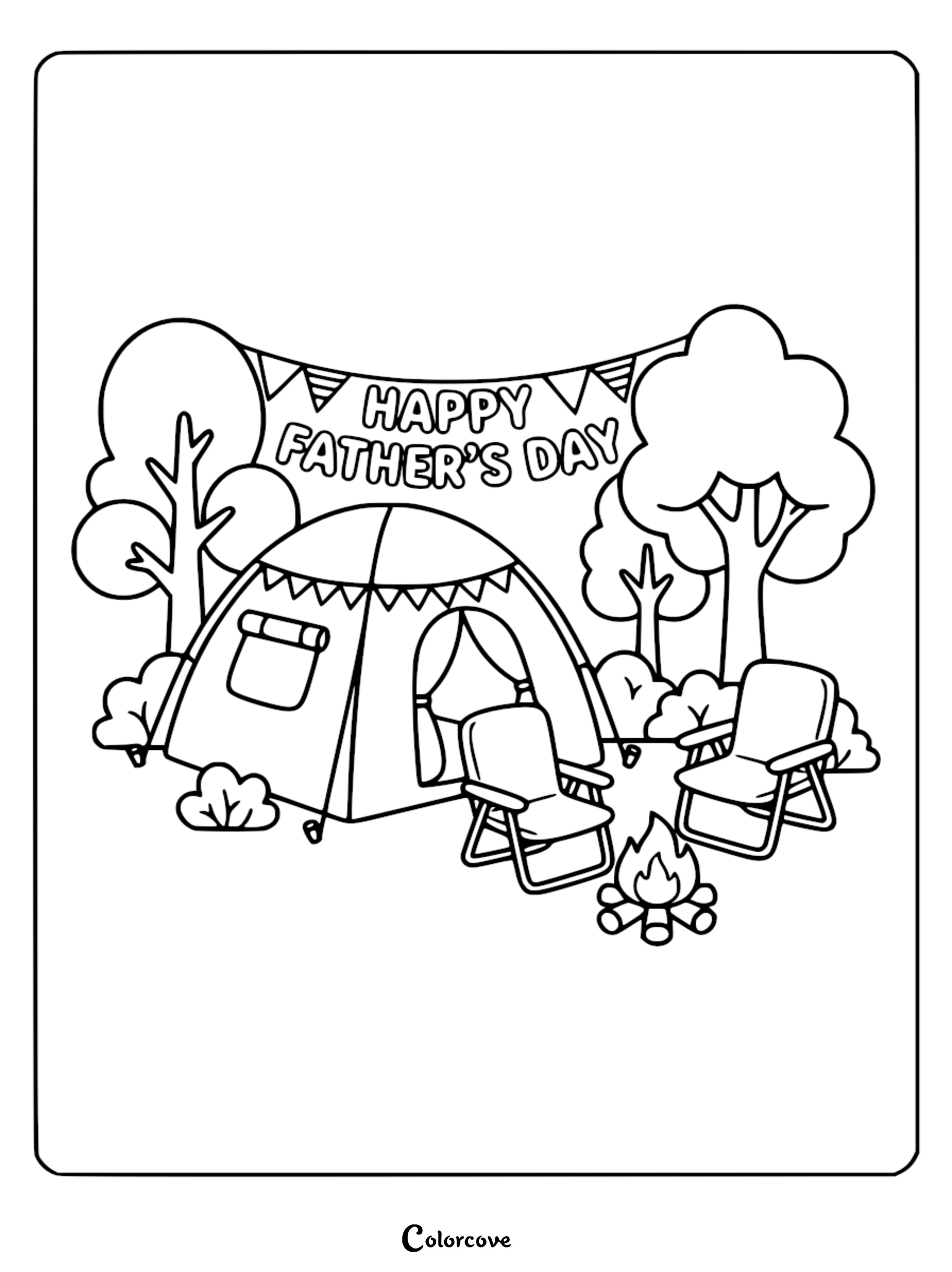 A camping-themed Father's Day coloring page featuring a tent, two folding chairs, and a small campfire under a Happy Father's Day banner in a forest setting.