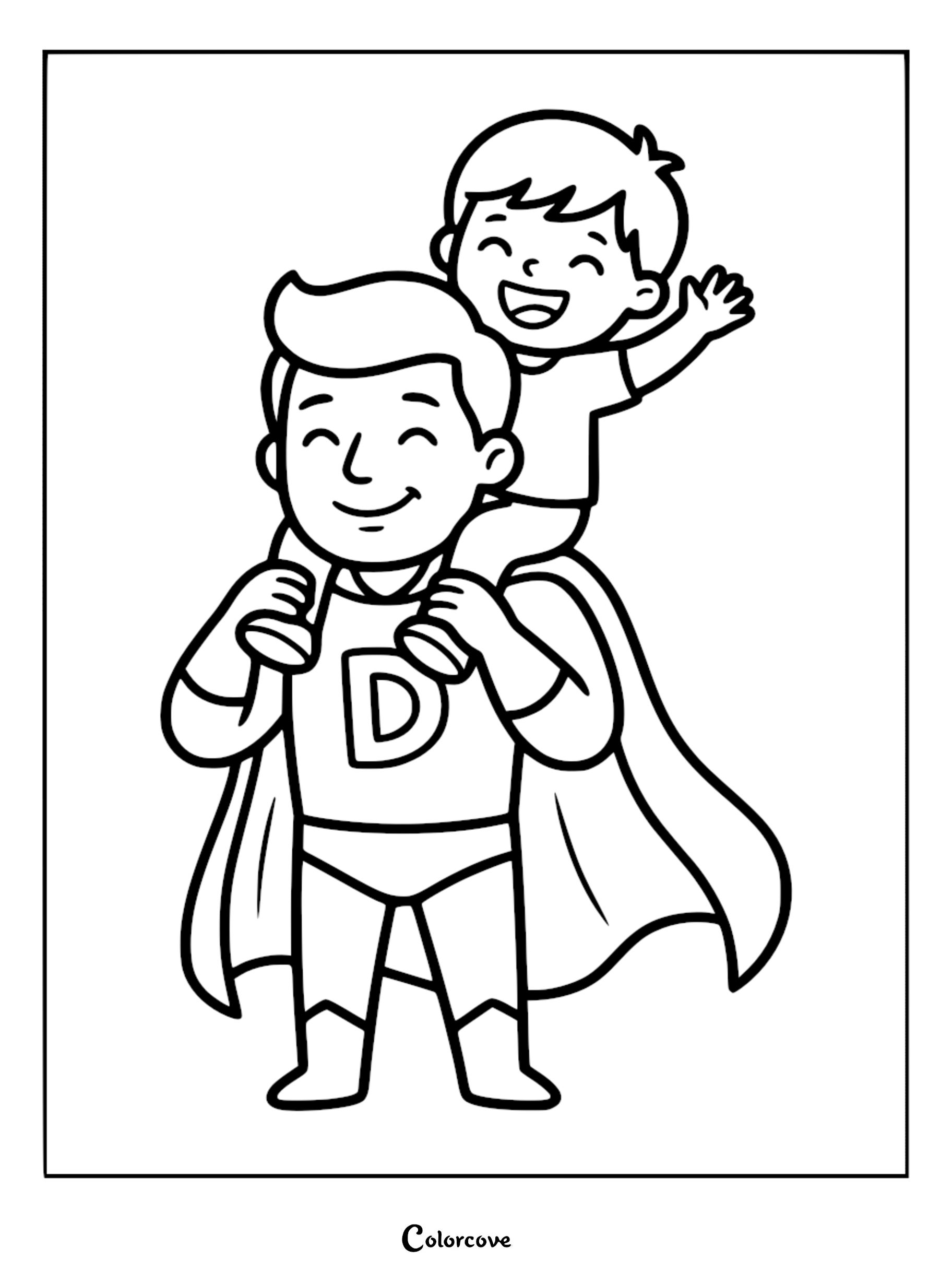 A joyful young boy riding on the shoulders of his smiling father who is dressed in a superhero costume with a letter D on his chest in this Father's Day coloring page.