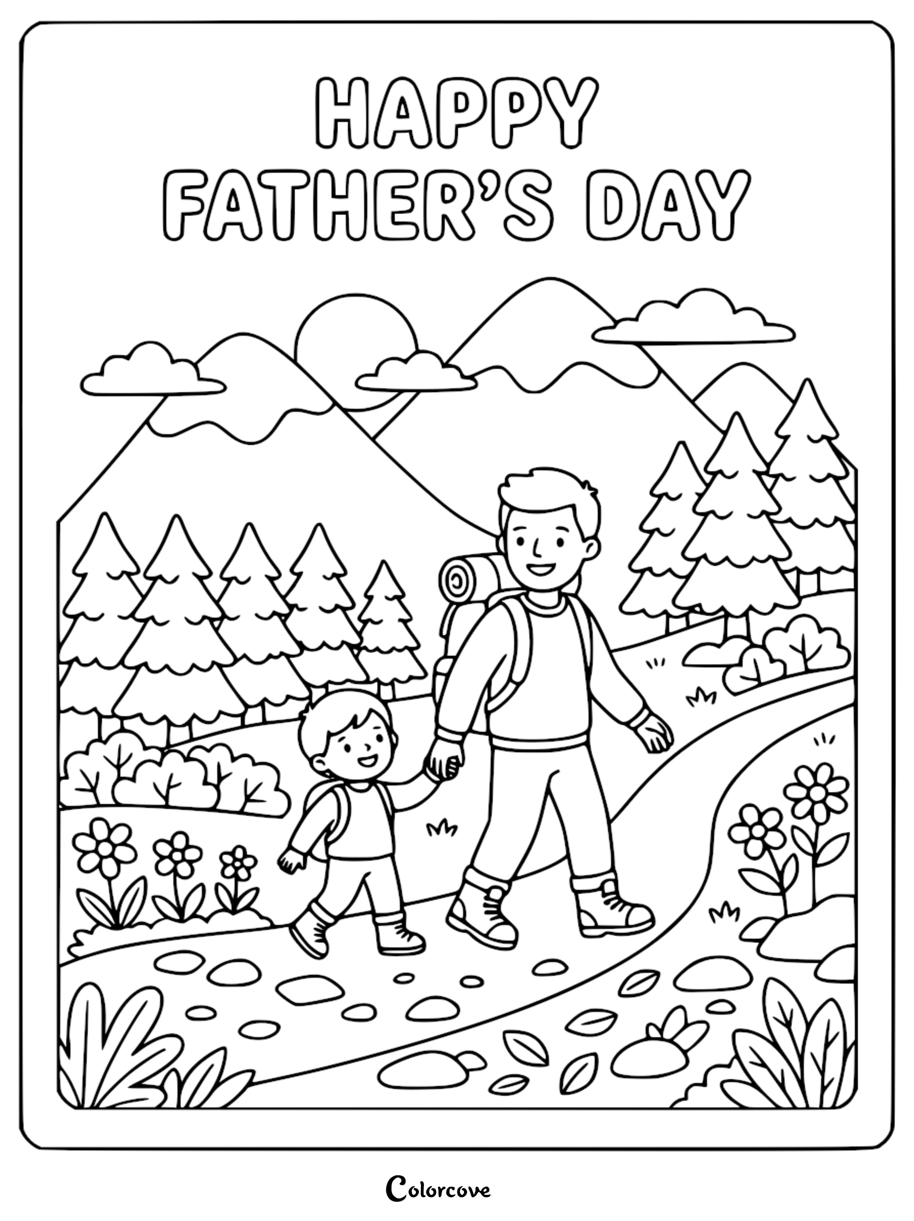 Father and child hiking on a mountain trail, coloring page featuring pine trees, sun, clouds, and flowers.