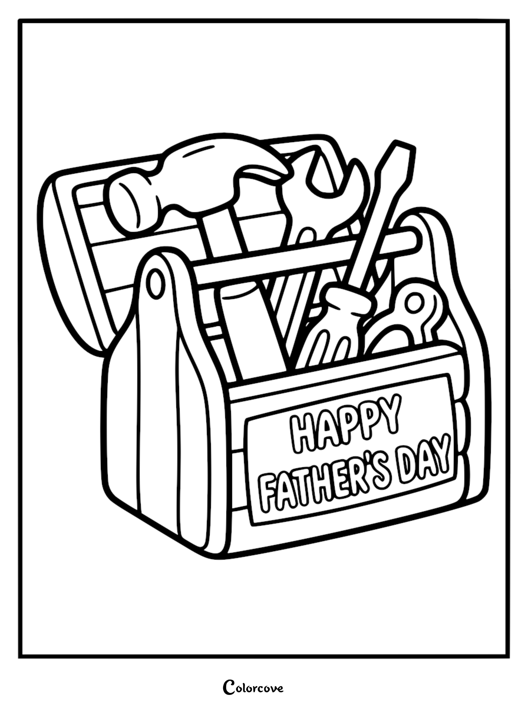 A printable Father's Day coloring page featuring an open wooden toolbox filled with a hammer, wrench, screwdriver, and pliers, with the text 'Happy Father's Day' on the front.