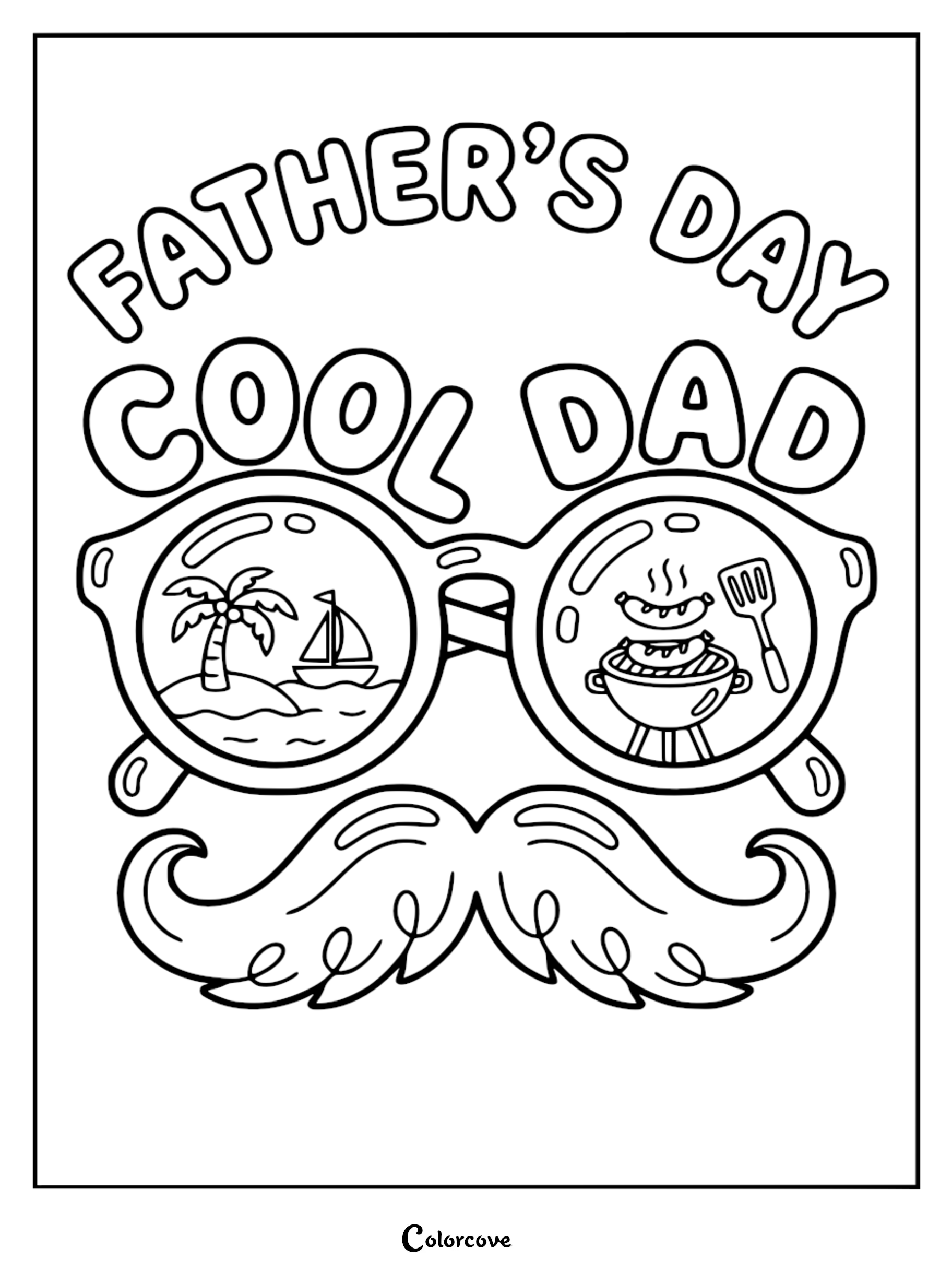 Father's Day coloring page featuring sunglasses with a sailboat, palm tree, and barbecue grill reflected in the lenses, topped with a thick mustache.