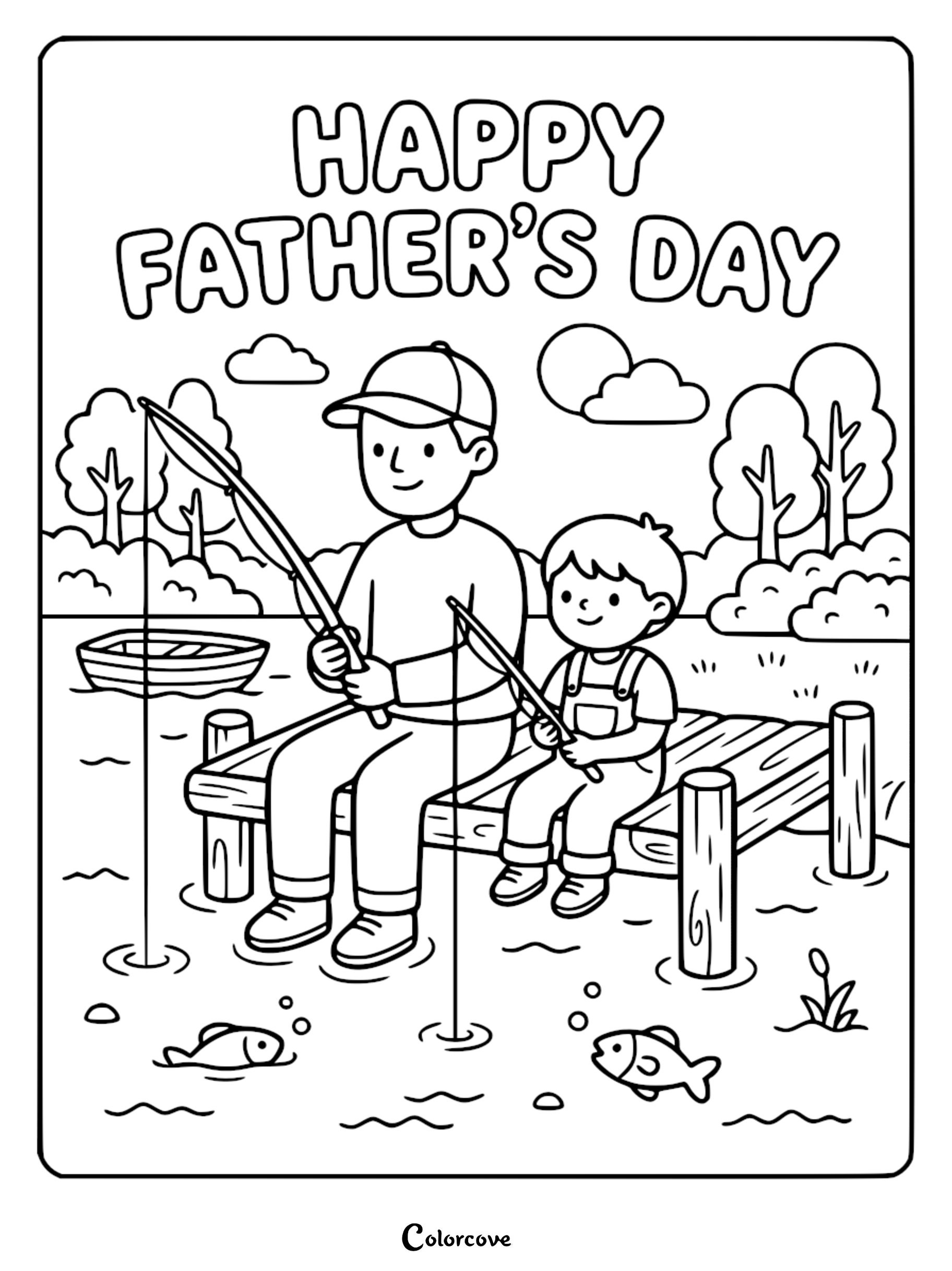 Father and son sitting on a wooden dock with fishing rods in the lake, Happy Father's Day text above in a printable coloring page style.