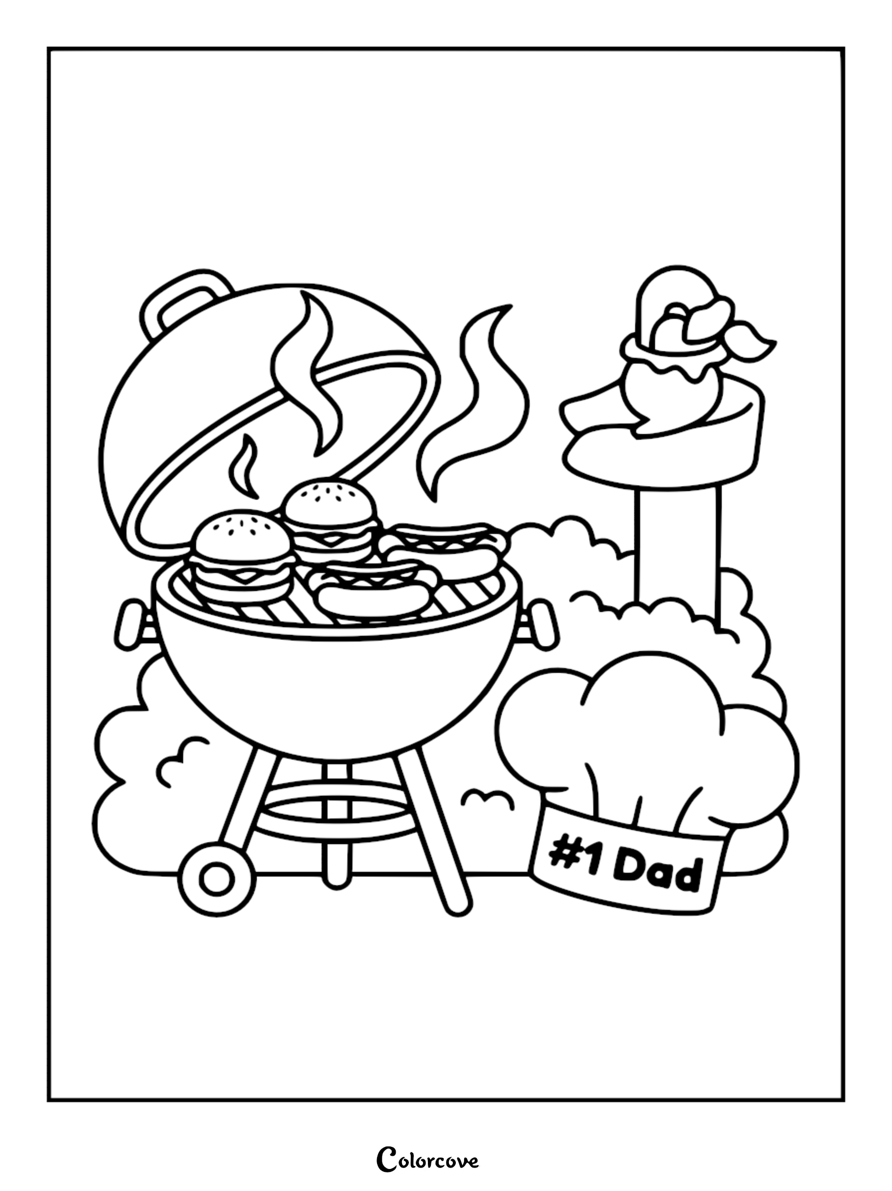 A Father's Day coloring page showing a round kettle grill cooking hamburgers and hot dogs next to a chef's hat labeled #1 Dad.